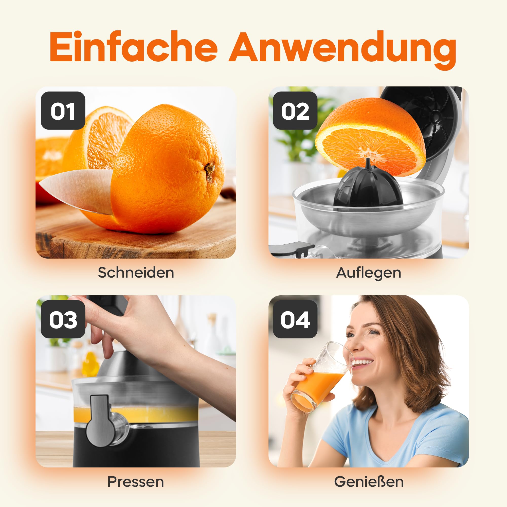 Rohnson Saftpresse Elektrisch R-465 – 1000W Orangenpresse Elektrisch mit Edelstahl-Filter, Ergonomischem Griff, Zwei Presskegeln, Anti-Tropf Ausguss, Spülmaschinenfest, Zitronen- & Zitruspresse
