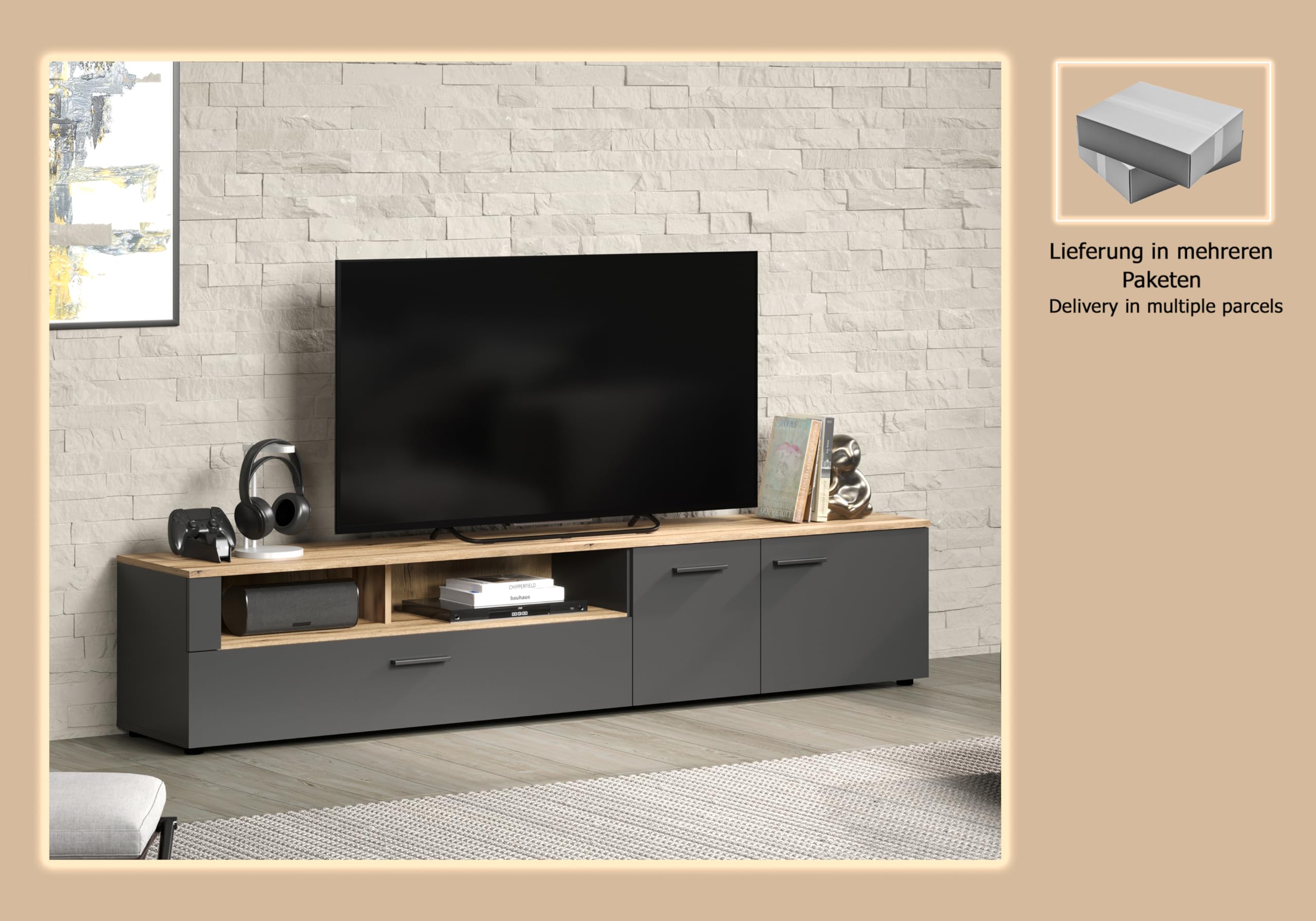 trendteam smart living - Esteban - TV-Schrank - Anthrazit/Evoke Eiche - (BxHxT) 210 x 43 x 41 cm - eleganter Fernsehschrank mit schwarzen Griffen - kratzfest