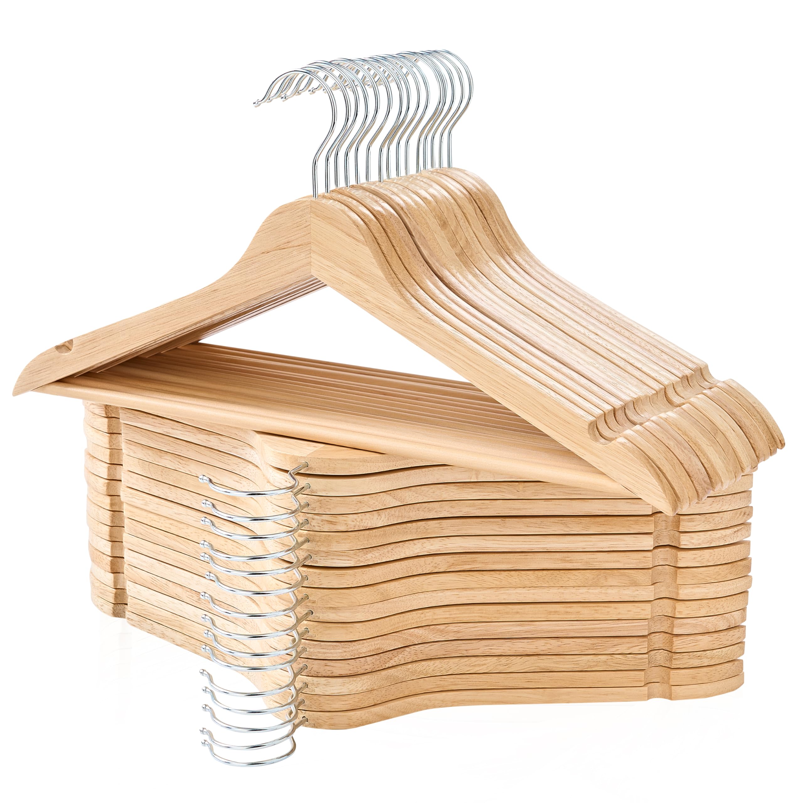 Edergoo Wooden Hangers 30 Pack, Durable Wood Hangers with 360° Swivel Hook Notches, Slim Coat Hanger Wooden for Closet, Smooth Wood Clothes Hanger with Pant Bar, Natural