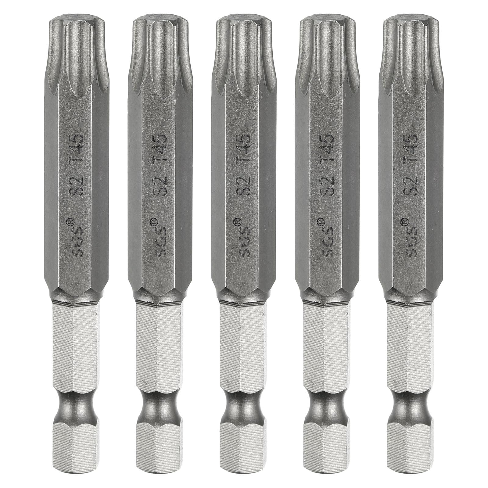 HARFINGTON 5pcs T45 Torx Head Screwdriver Bit 1/4" Hex Shank 2.6" (65mm) Long Magnetic No Hole Tip Tamper Proof 6 Point Star Screw Driver Drill Bits