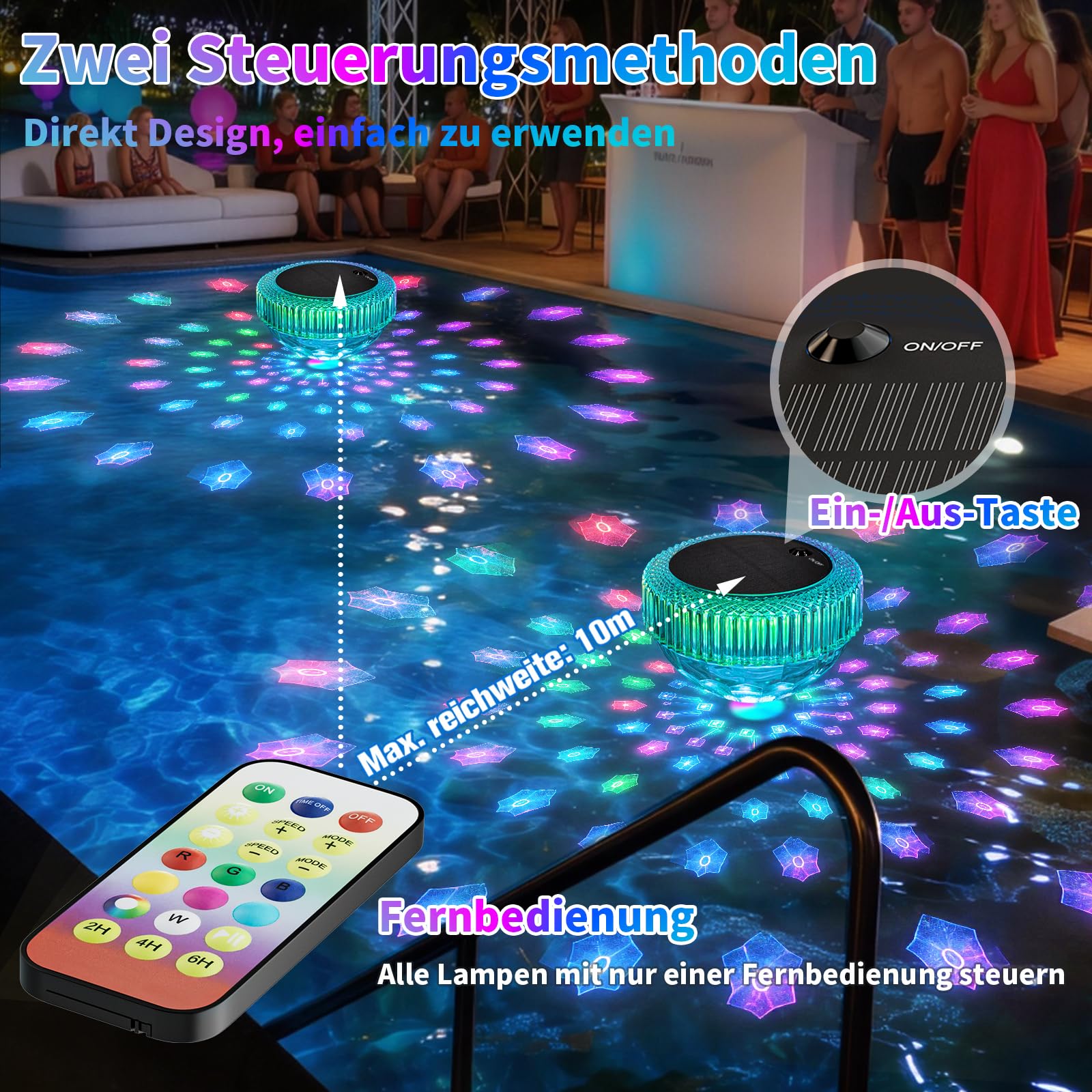 SIBI LIGHTING Schwimmende Poolbeleuchtung Solar, RGBW Poollicht mit Fernbedienung, IP68 Wasserdicht Pool Beleuchtung für Schwimmbad, Teich, Party, 2 Stück