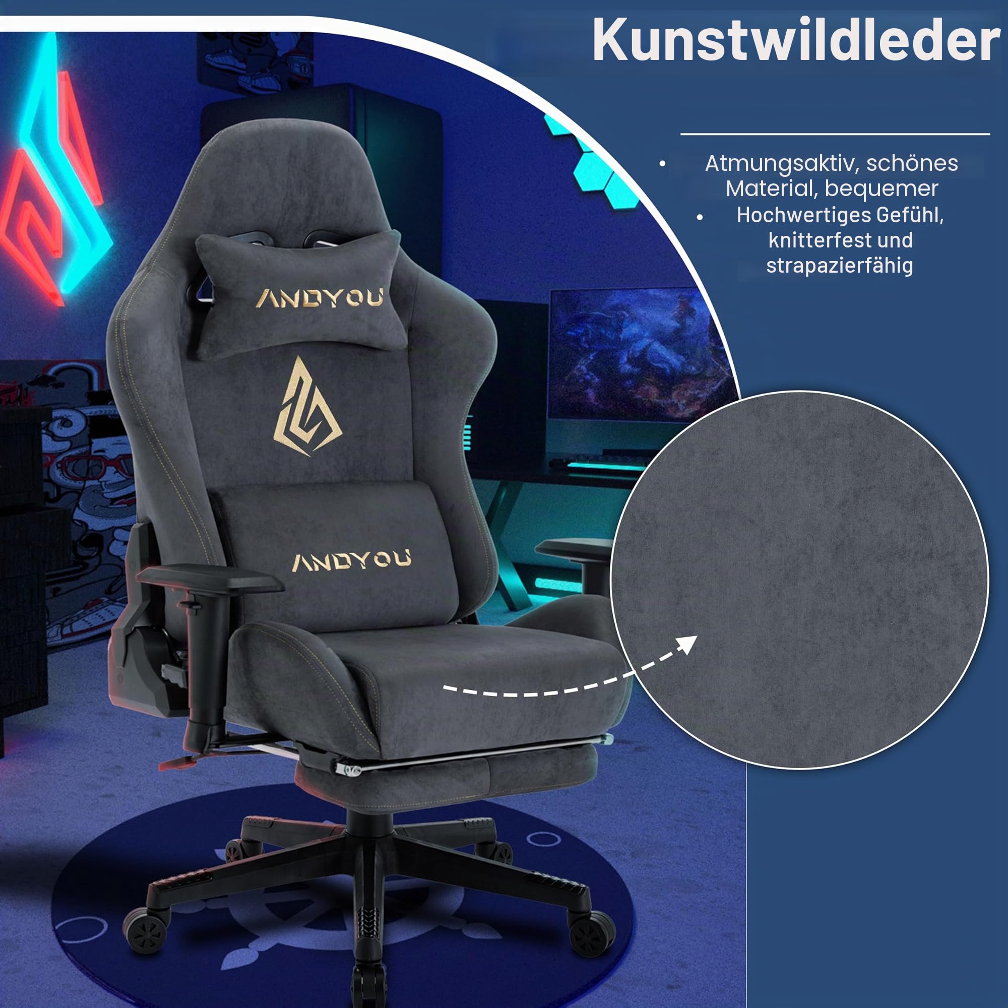 Andyou Gaming Stuhl – Ergonomischer Gaming Sessel Erwachsene, Gamingstuhl mit Fußstütze, Atmungsaktiver Stoff Bürostuhl, Höhenverstellbarer Gaming Chair