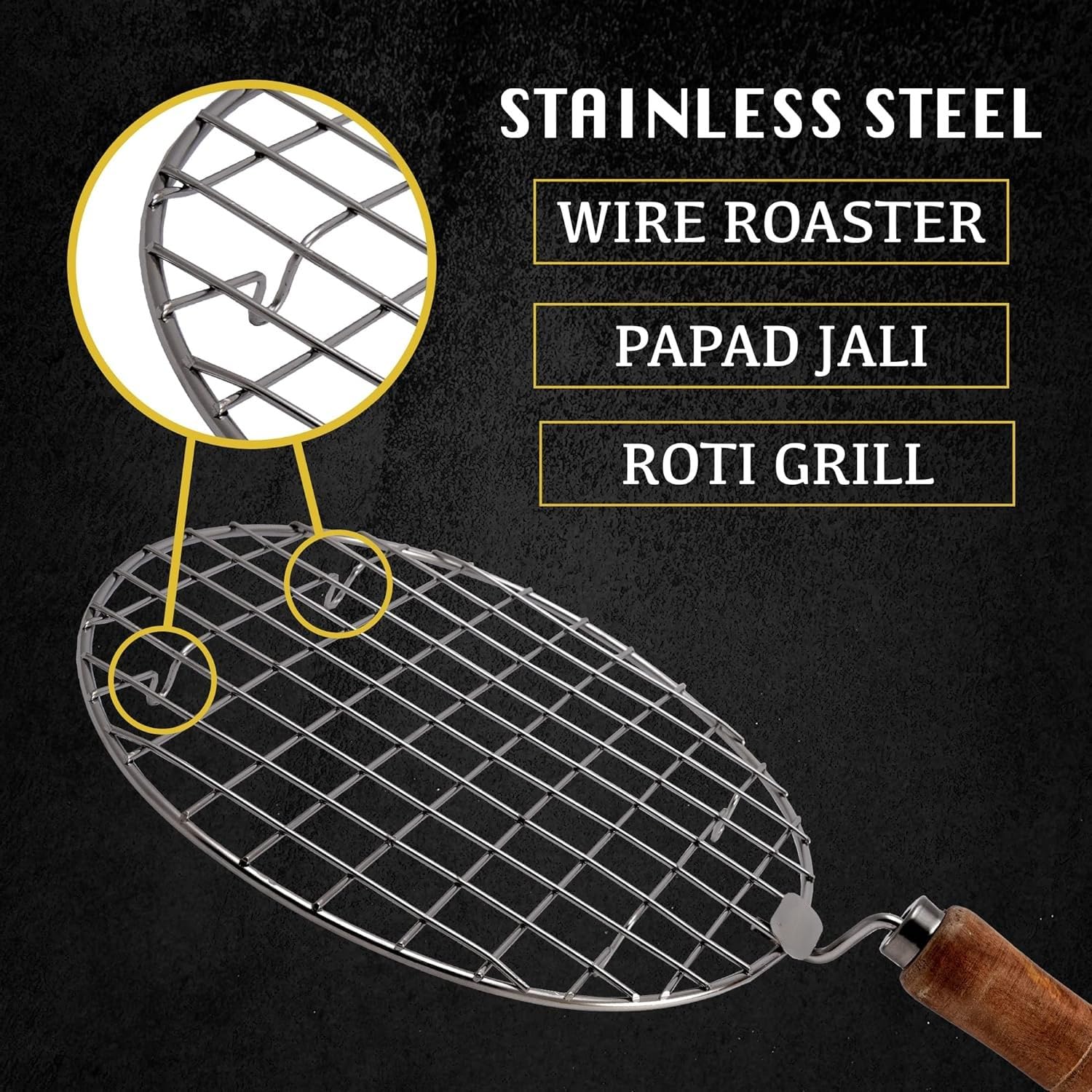 CozyCrest Round Roaster Papad Jali Roast, Paneer Grill, Roti Maker, Barbeque Jali Roaster Chapati Toast Grill Wooden Handle Vegetable tandoor net, 2