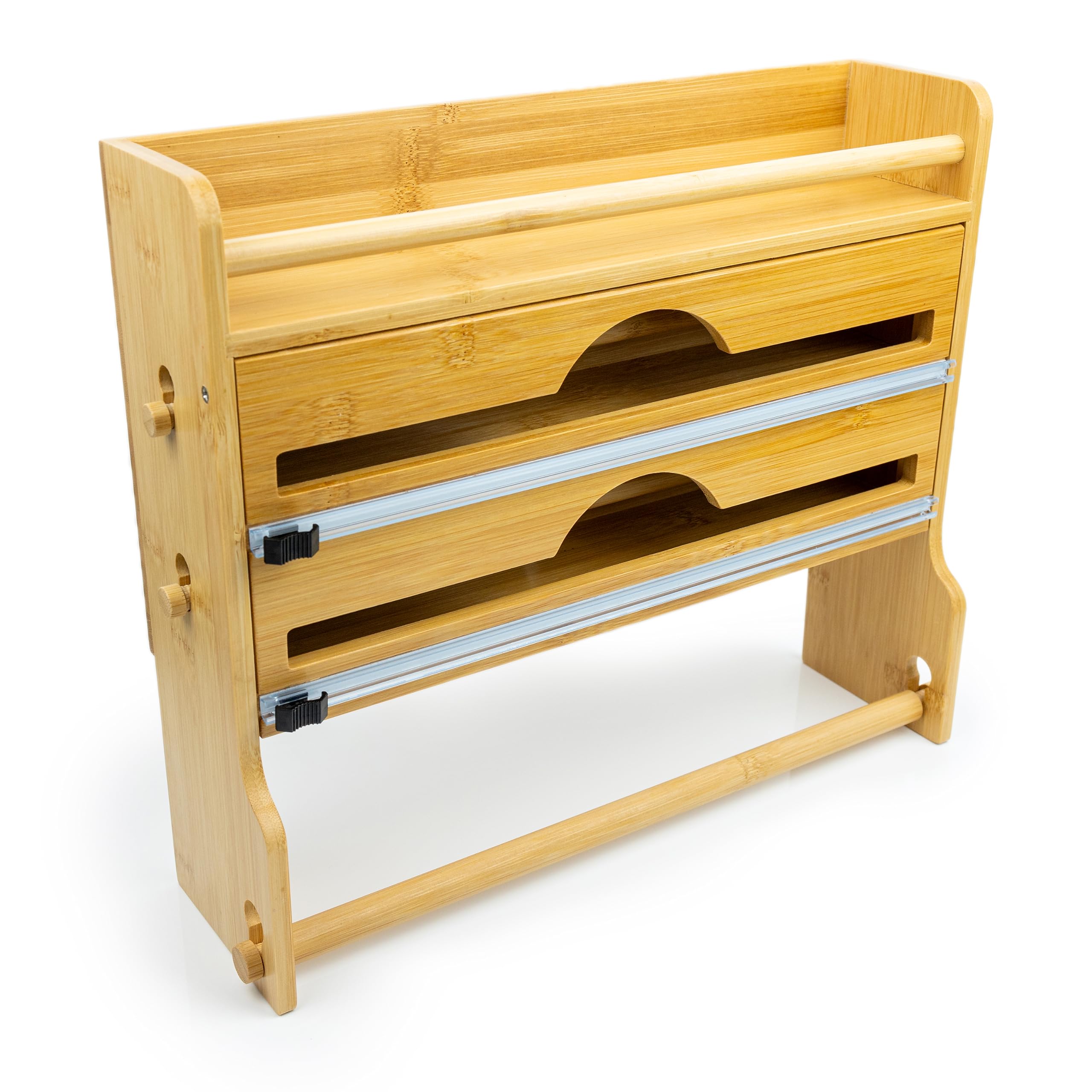 Porte-rouleau de cuisine en bois [sans perçage] - Support mural pour rouleau de cuisine, papier aluminium et film alimentaire - Organisateur de cuisine avec lames extrêmement