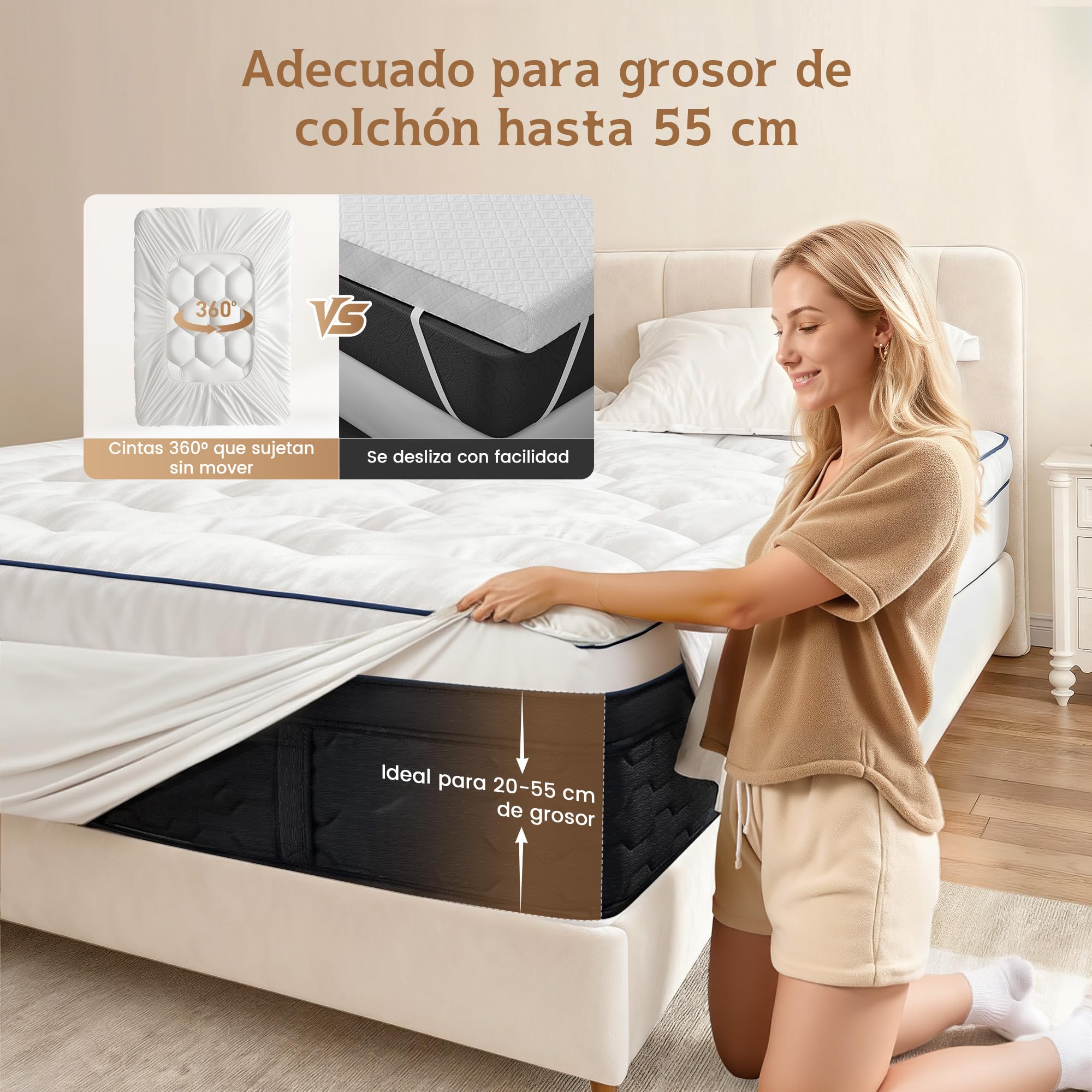Topper para colchones de 90 x 190 x 8 cm, Protector de colchón Suave, sobrecolchón con Bolsillos, colchón Mate, para colchones Duros, Camas con somier, Cama de, Peso del Relleno 1000g