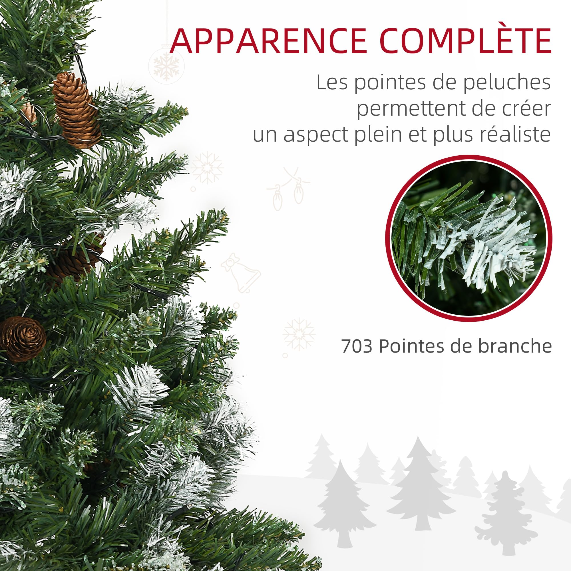 HOMCOM Sapin De Noël Artificiel Lumineux 180 cm 703 Branches 250 LED Vert | 30 Pommes De Pin, Support Pied Pliable, Ø 80