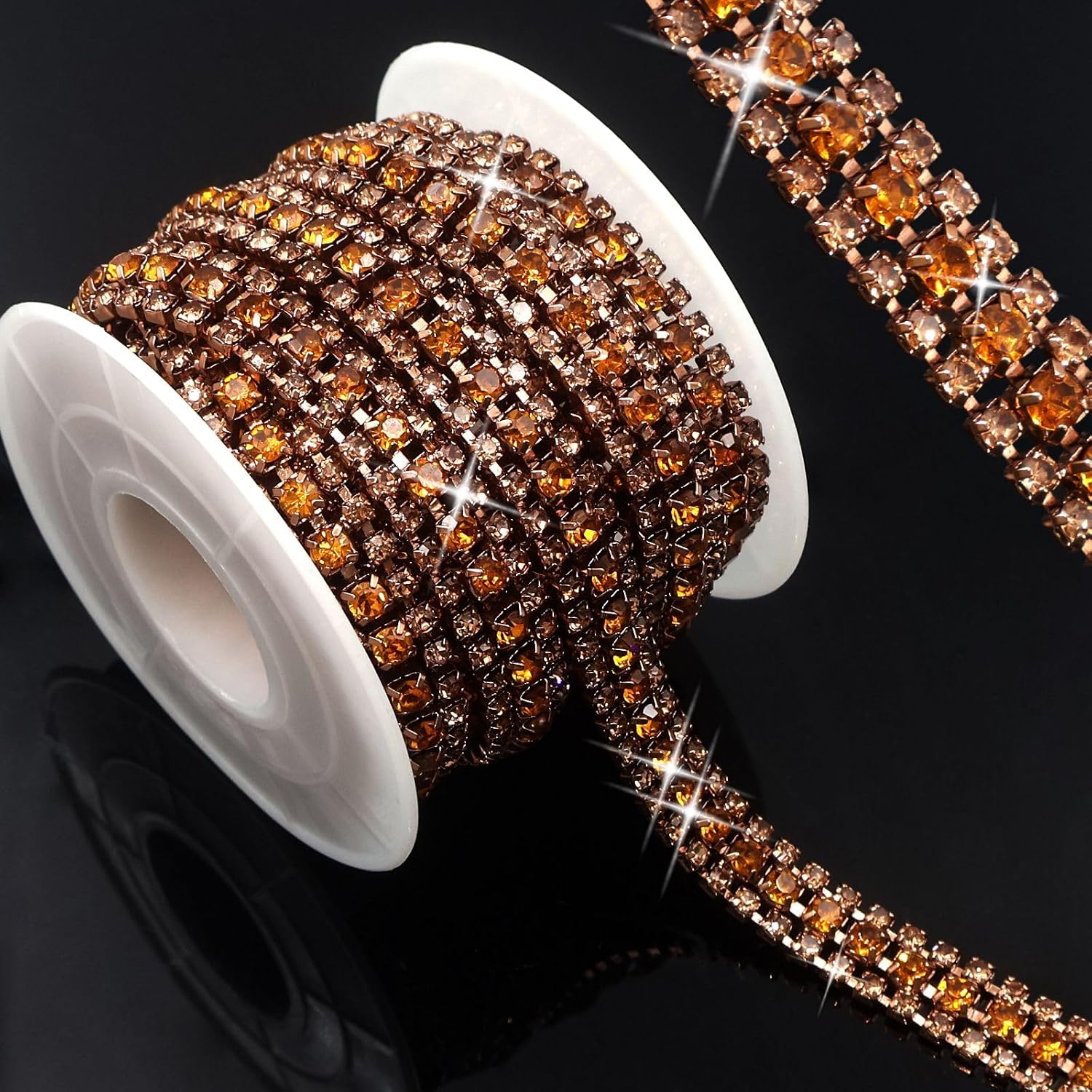 Bijou Joon 3 Yards 3 Rows Champagne Brown Crystal Rhinestone Chain Trim for Crafts, Rolls and Colors Bling Close Embellishments for Jewelry Making, Wedding Cake