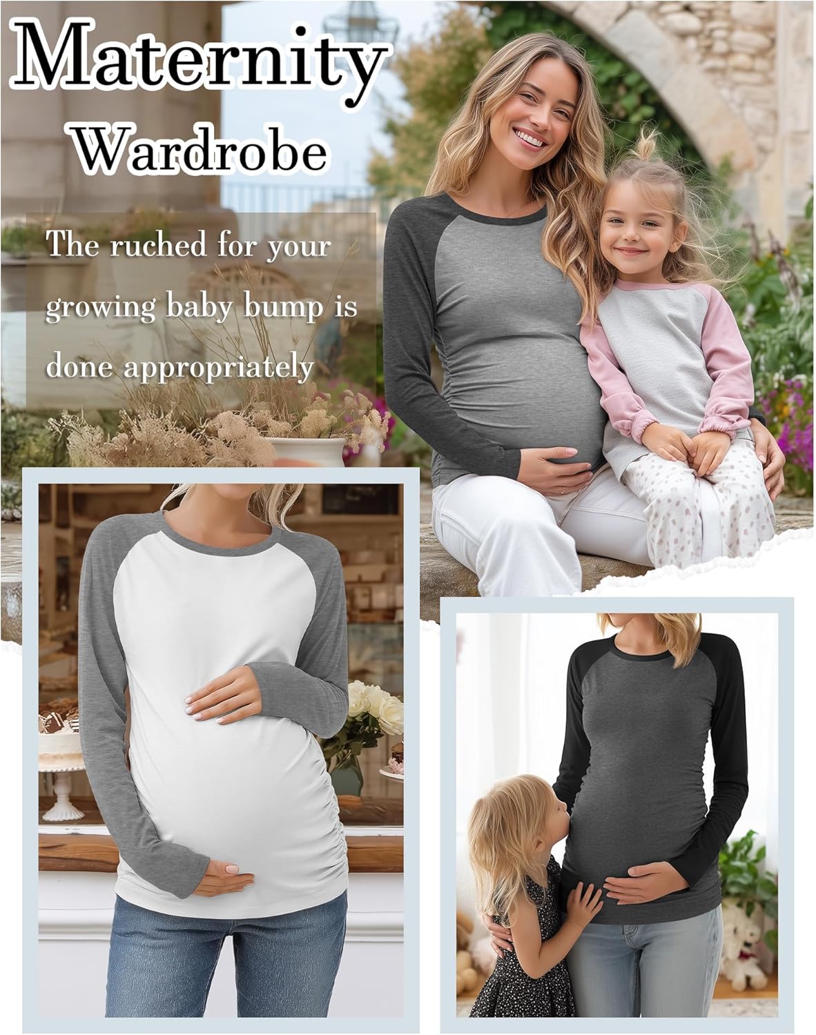 3 Pack Women's Maternity Shirts, Pregnancy Raglan Long Sleeve Tops Sides Ruched Crew Neck Color Block Mama Clothes - Image 5