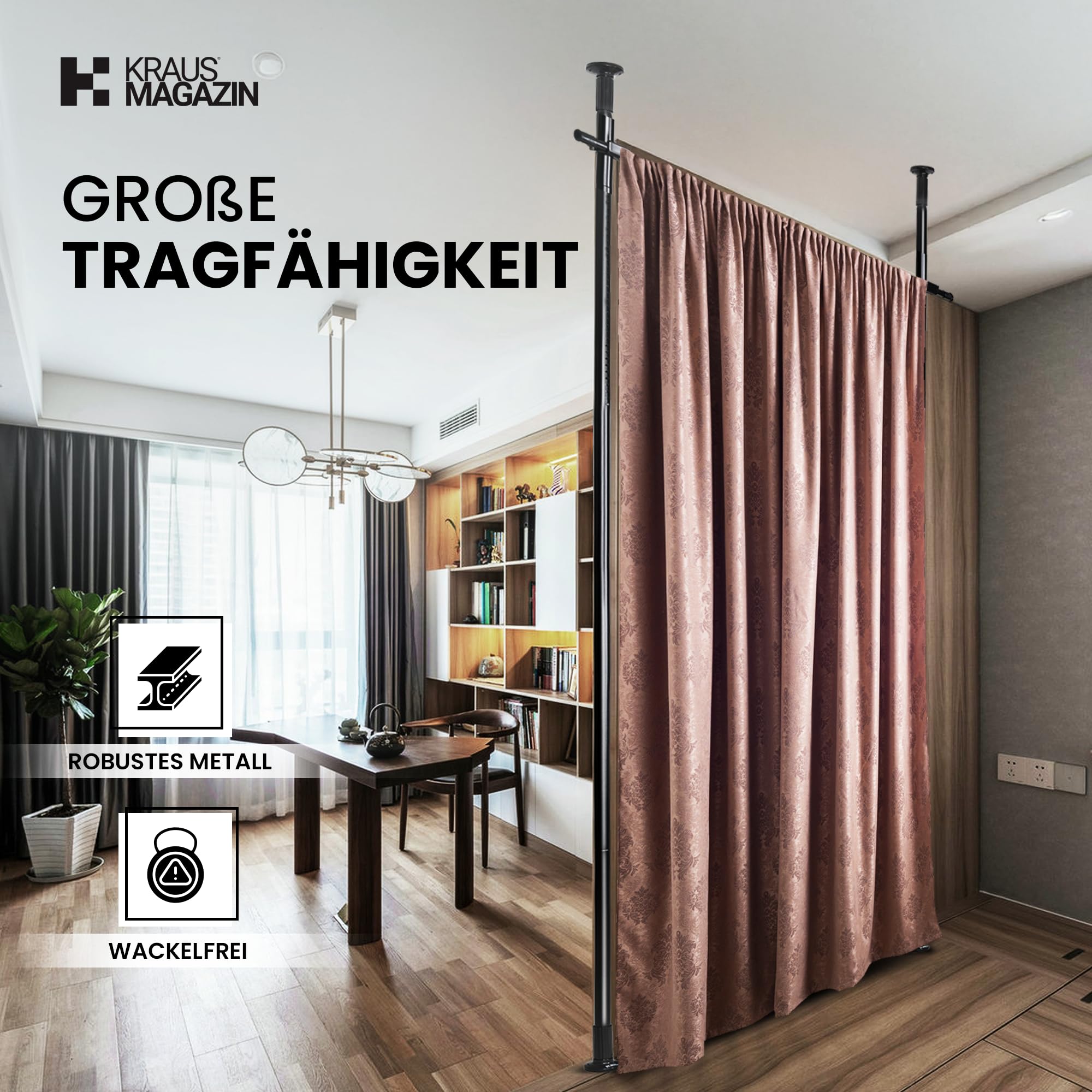 Raumteiler Paraventgestell Gardinenstange | Sehr Stabil & Flexibel Verstellbar | Paravent ohne Vorhang, Sichtschutz B 180 cm x H 300 cm, Schwarz