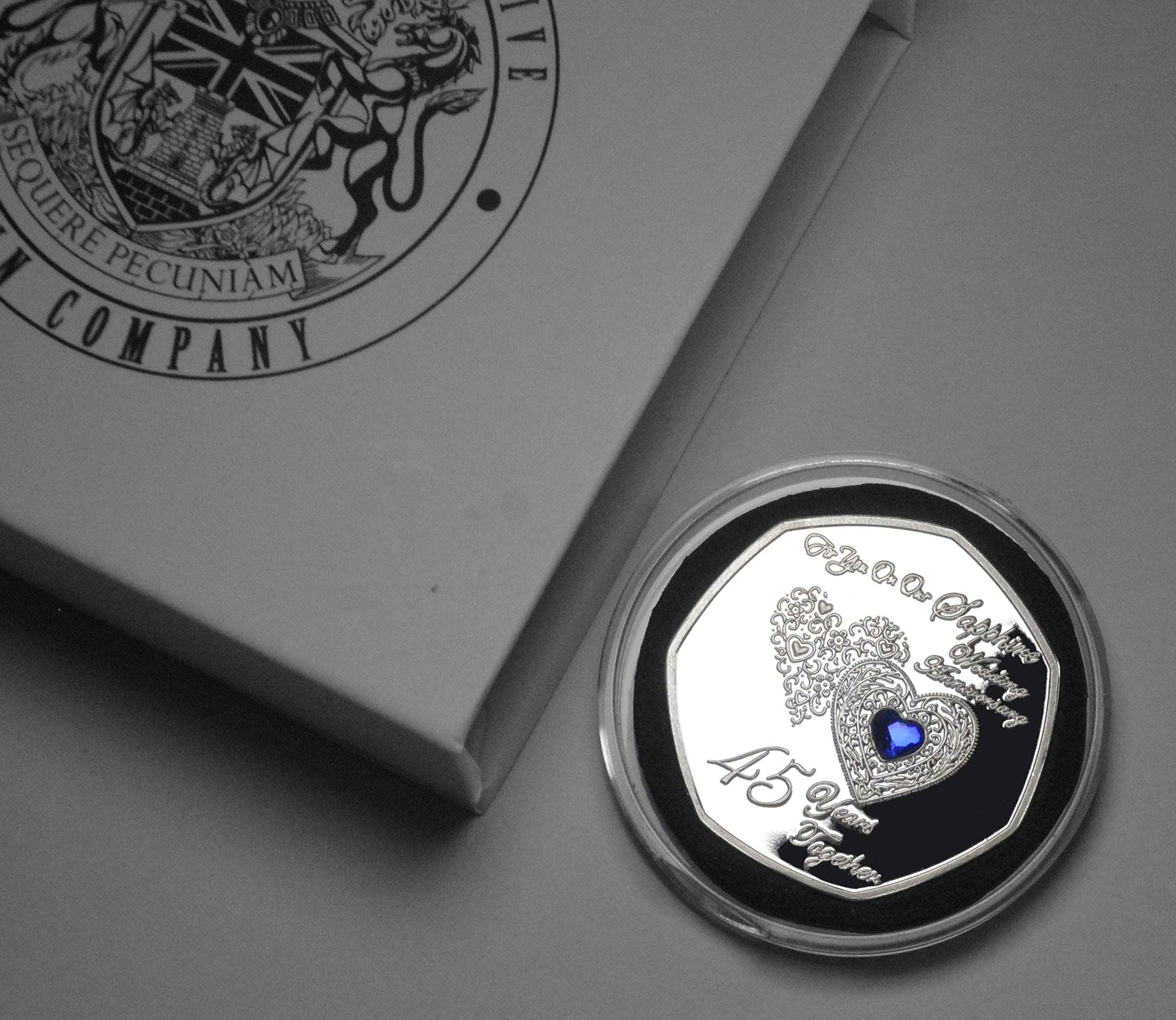 The Commemorative Coin Company For You On Our 45th SAPPHIRE WEDDING ANNIVERSARY Commemorative in Gift/Presentation Box. Inlaid Gemstone. Gift/Present. 45 Years Together Husband/Wife