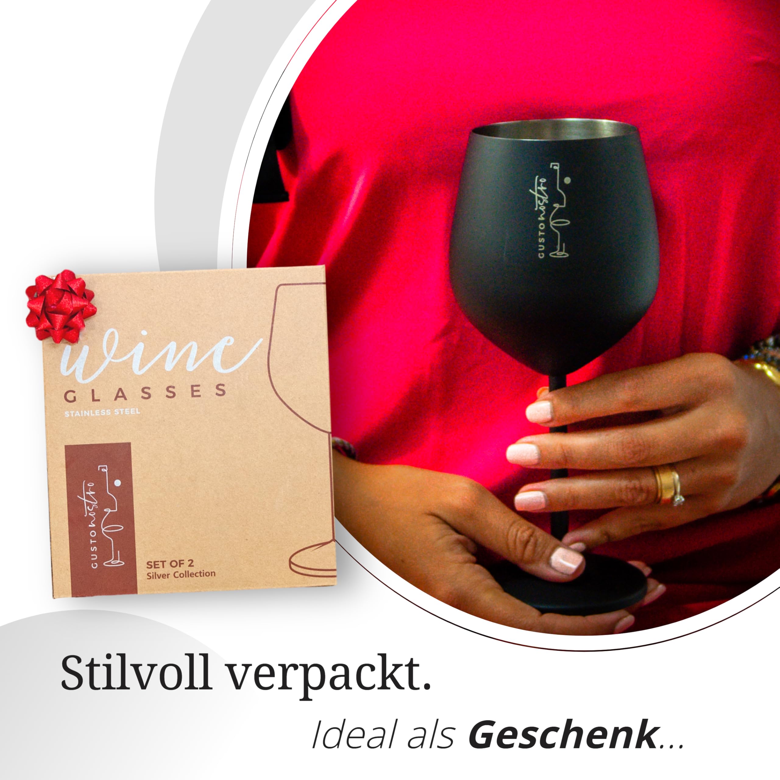 Gusto Nostro Weingläser mit Stiel aus Edelstahl - Unzerbrechliche Kelche mit 540 ml - Elegantes Trinkgeschirr in Schwarz für Champagner und Cocktails (4er Pack)