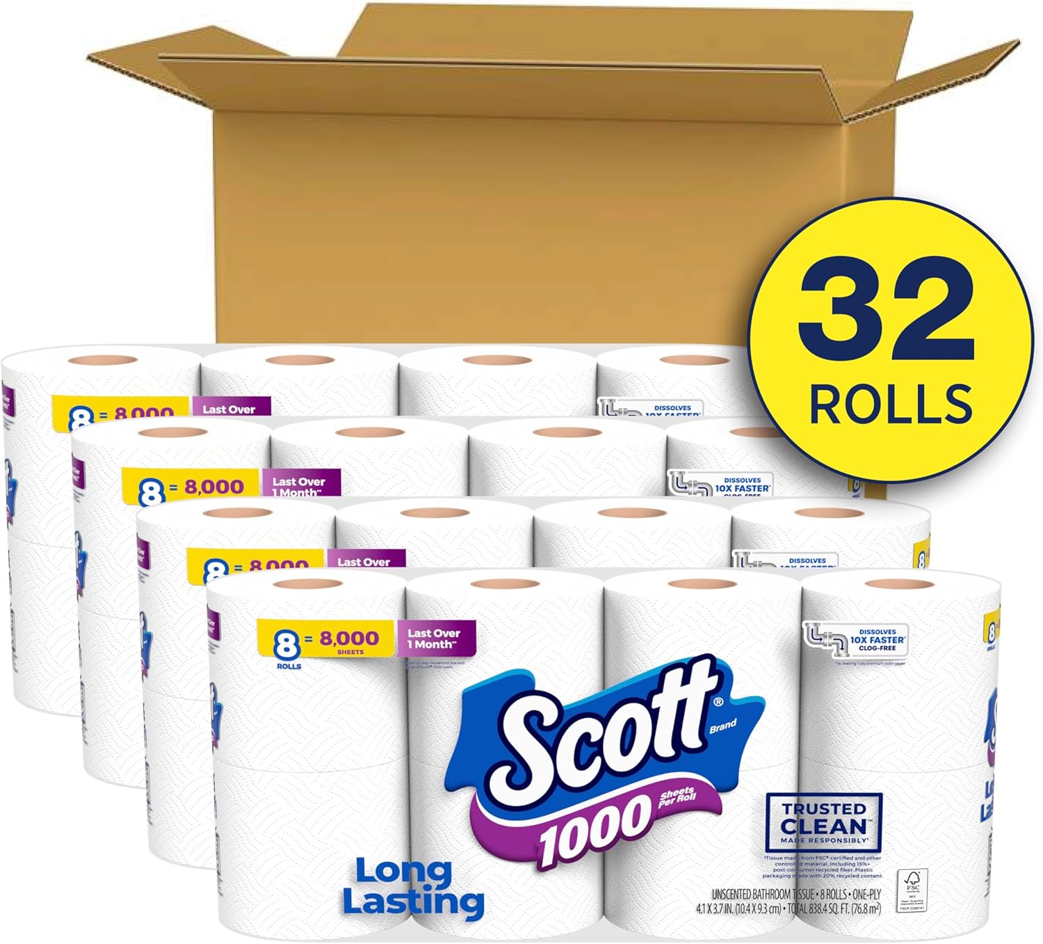 Scott 1000 Toilet Paper, 32 Rolls, Septic-Safe, 1-Ply Toilet Tissue