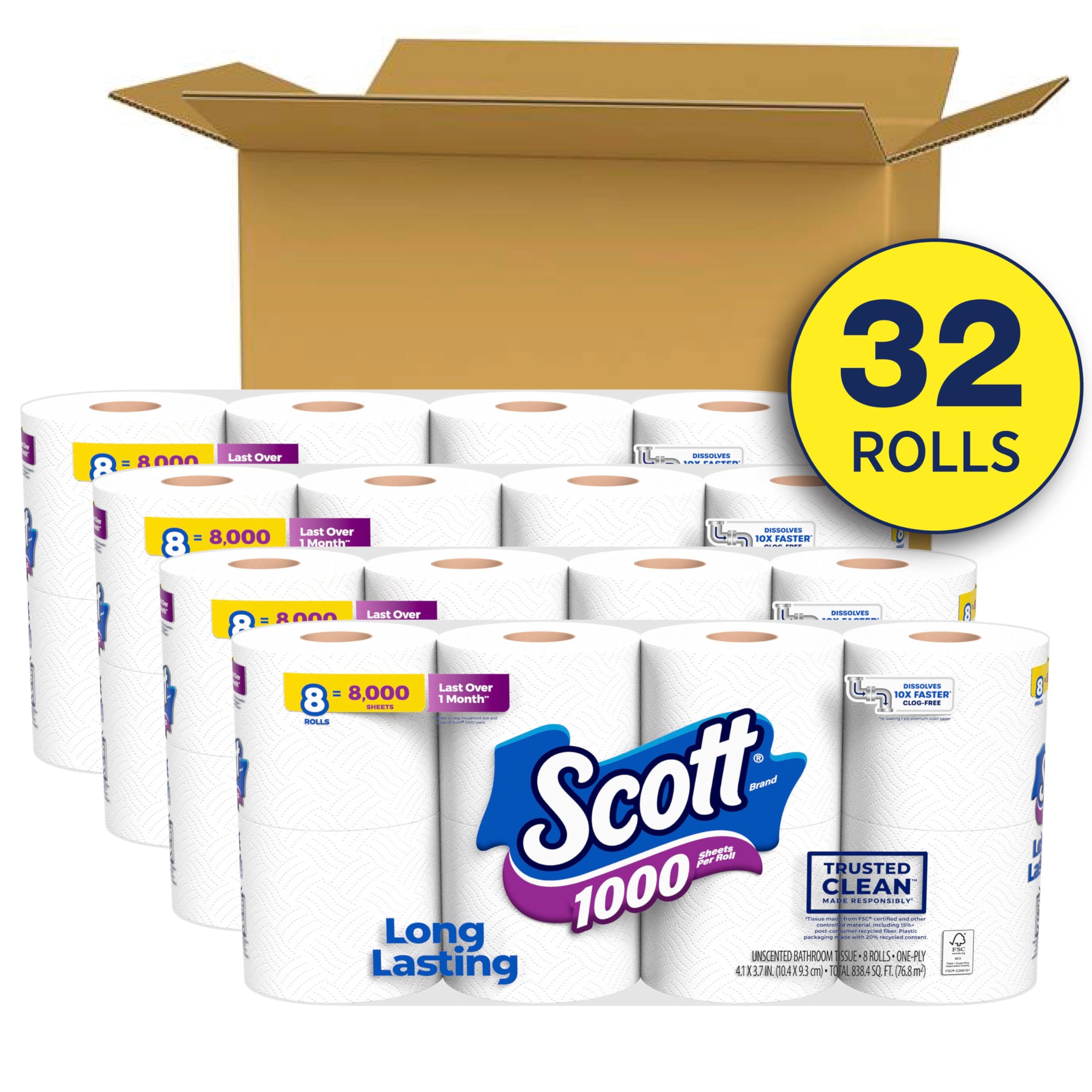 Scott Papel higiénico Trusted Clean 1000, 32 rollos, 1000 hojas por rollo, papel higiénico
