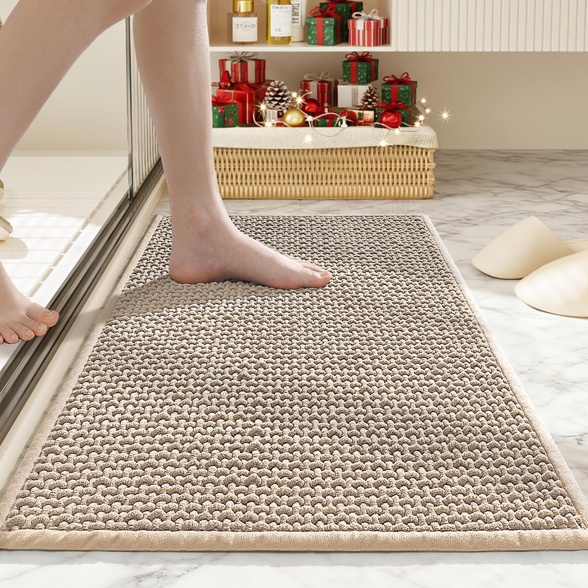 HRILO Bathroom Rugs Non Slip Washable, Super Absorbent Thin Bath Mat for Small Quick Dry Low Pile Bathroom Rug,(Khaki, 32″x20″)