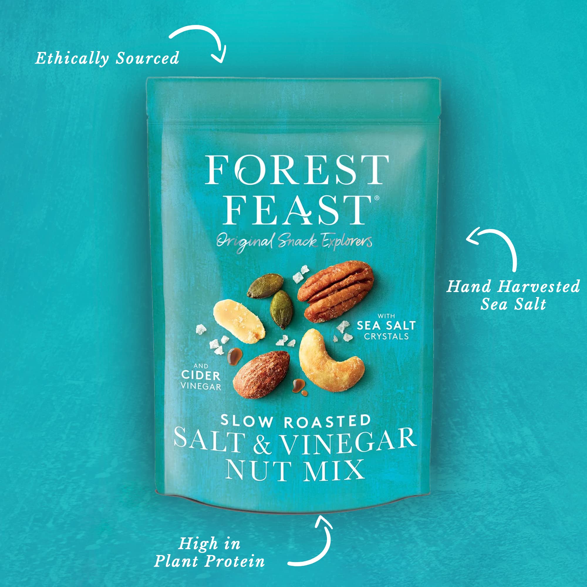 FOREST FEAST Mieszanka wolno palonej soli i octu orzechów 8 x 120 g | sól morska i ocet cydr prażone orzechy orzechowe z orzechami nerkowca, migdałami, orzeszkami ziemnymi, pekanami i nasionami dyni | wegańska przekąska