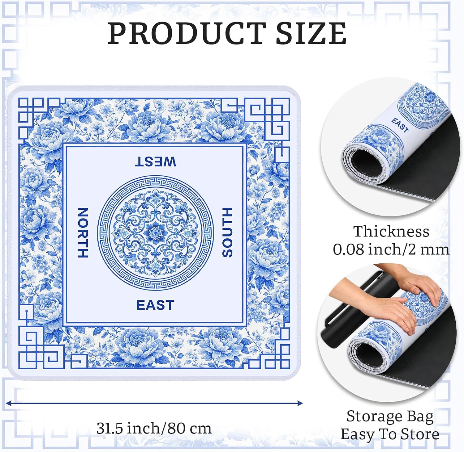 Flowers Mahjong Table Mat, Blue Flower Non-Slip Noise Reduction Mah Jong Mat with Carrying Bag, Game Table Cover for Mahjongs Poker Card, Festival Birthday Gift for Mahjong Lovers, 31x 31In