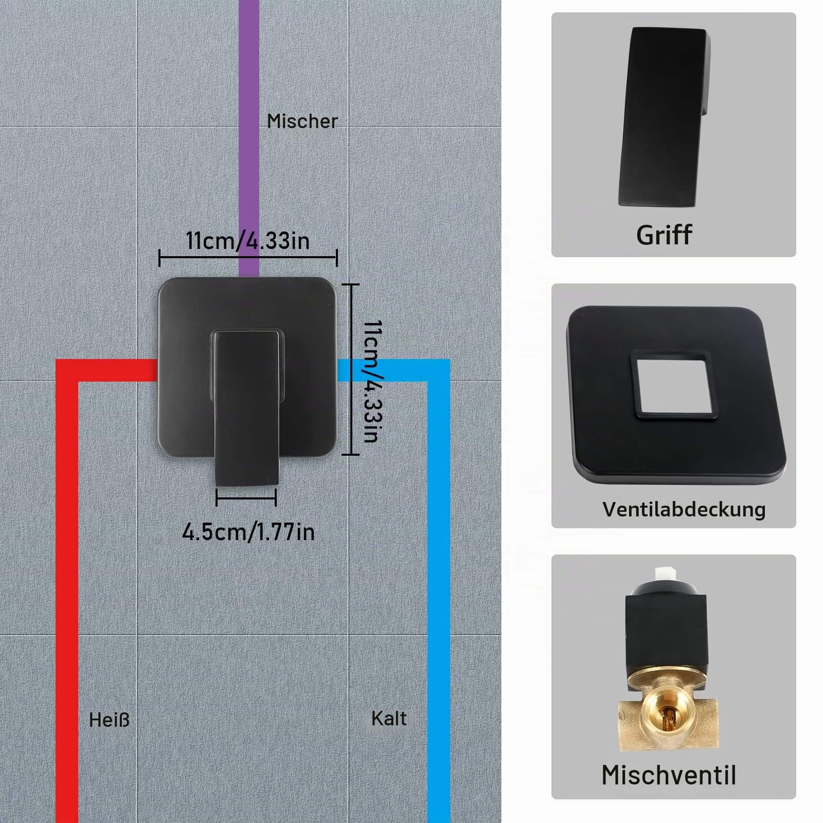 Unterputz Duscharmatur, Unterputzarmatur Armatur Unterputz Dusche Bad Unterputz Badarmatur Wannenarmatur Fertigmontageset Wasserhahn Einhebelmischer Unterputz für Dusche (Schwarz)