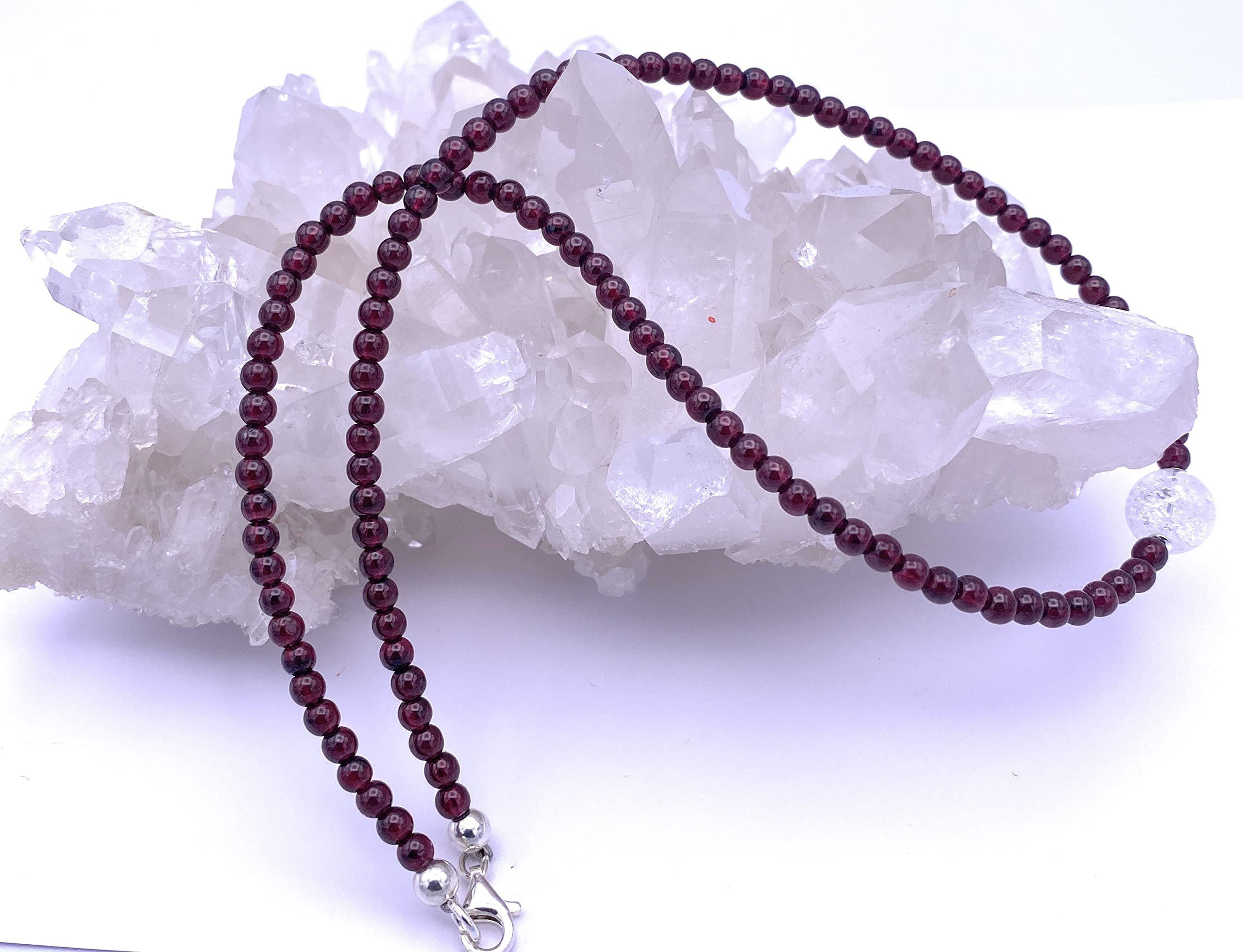 Granat Halskette mit Bergkristall Kugel Verschluss 925er Sterling-Silber