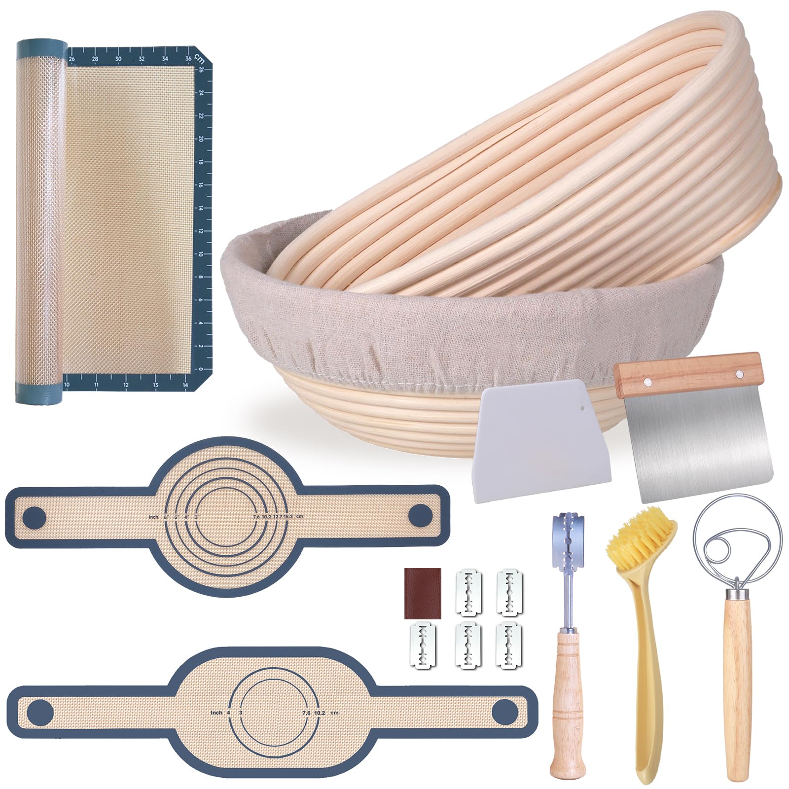 Banneton - Juego de cestas a prueba de pan, redondas de 9 pulgadas y ovaladas de 10 pulgadas, suministros para hornear pan de masa madre, kit de inicio para hacer pan, juego de 10, juego de regalo