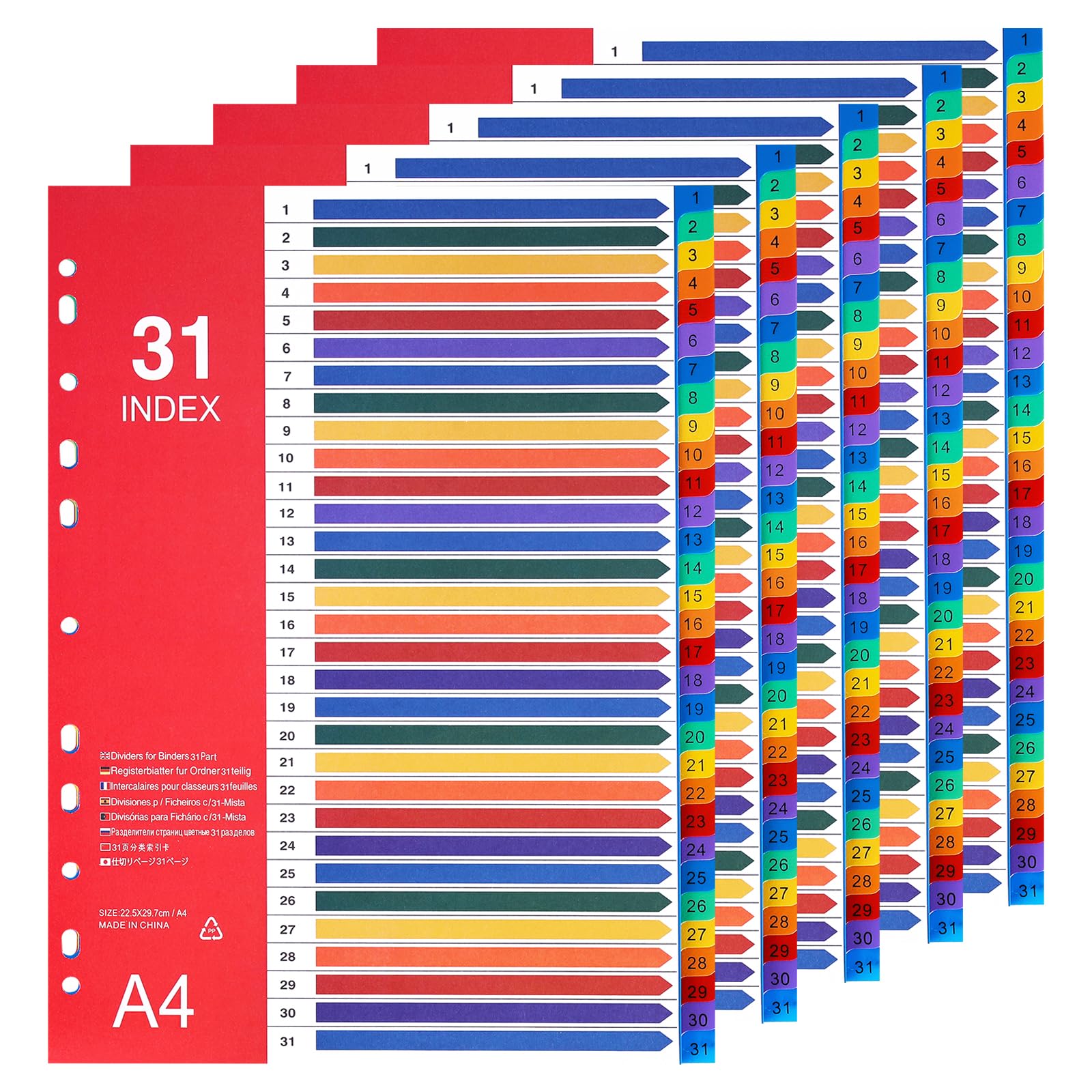 Divisori per raccoglitori in plastica da 1 a 31 fogli, per raccoglitori a 2/3/4 anelli, tabella dei contenuti personalizzabile, numero multicolore da 1 a 31 schede, 5 set/formato A4
