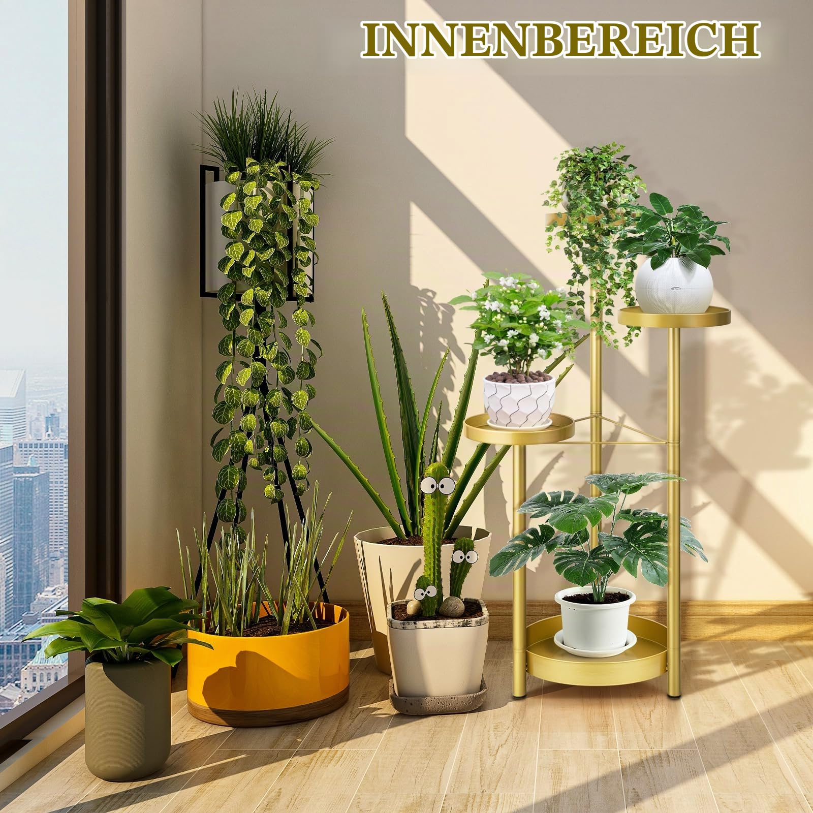 MATEPROX Metall Pflanzenständer für Innen und Außen 4 stufiges, faltbares Regal mit Goldenen Blumentopfhaltern Eck Pflanzregal für Wohnzimmer, Schlafzimmer, Büro und Garten-Gold
