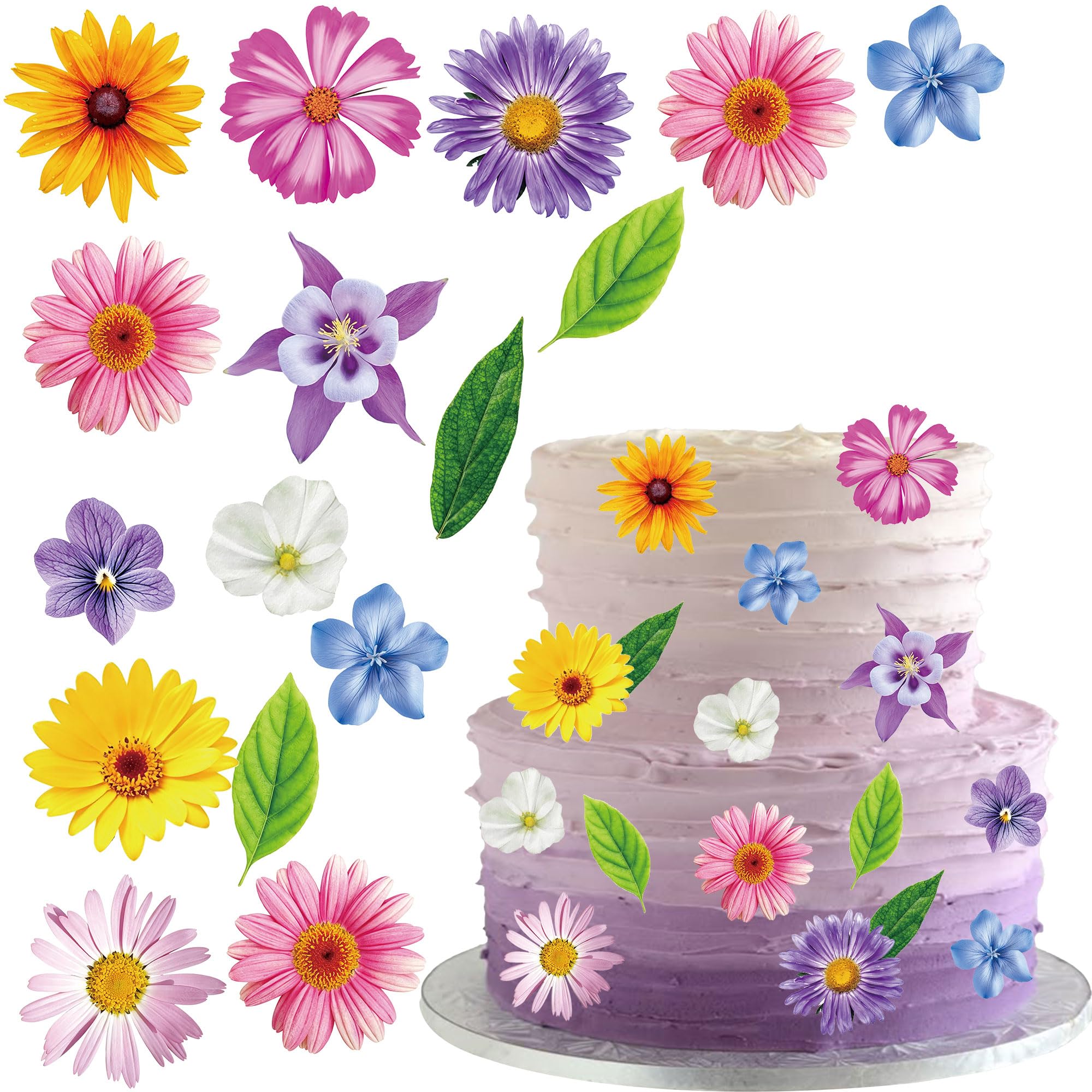 Gyufise 54Pcs Edible Flowers Cupcake Toppers Cake Decorations Wafer Paper Hawaiian Flower Leaves Cake Decor for Wedding Birthday Parties Pink Green Purple