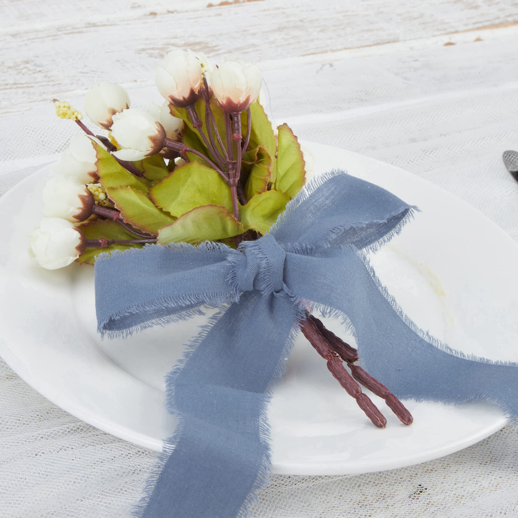 Keypan Cinta azul polvoriento para envolver regalos, cintas de flecos hechas a mano para manualidades, ramos de novia, invitaciones de boda, decoraciones de algodón, 3 rollos de 1.6 pulgadas x 5