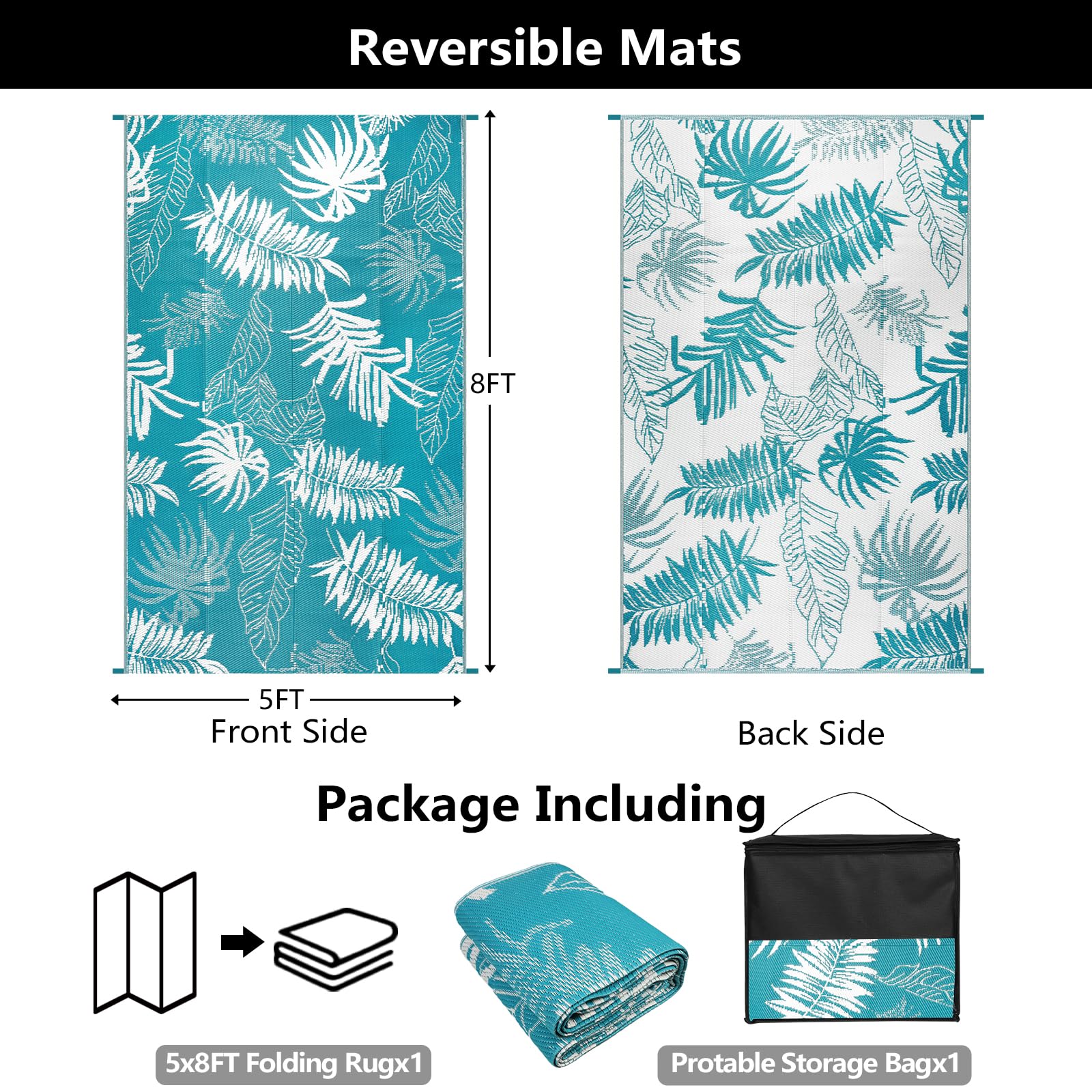 Falflor Alfombra reversible para exteriores, 150 x 245 cm, impermeable, grande, de plástico, ligera, para interiores y exteriores, alfombra de paja de plástico para camping, terraza, caravana, patio