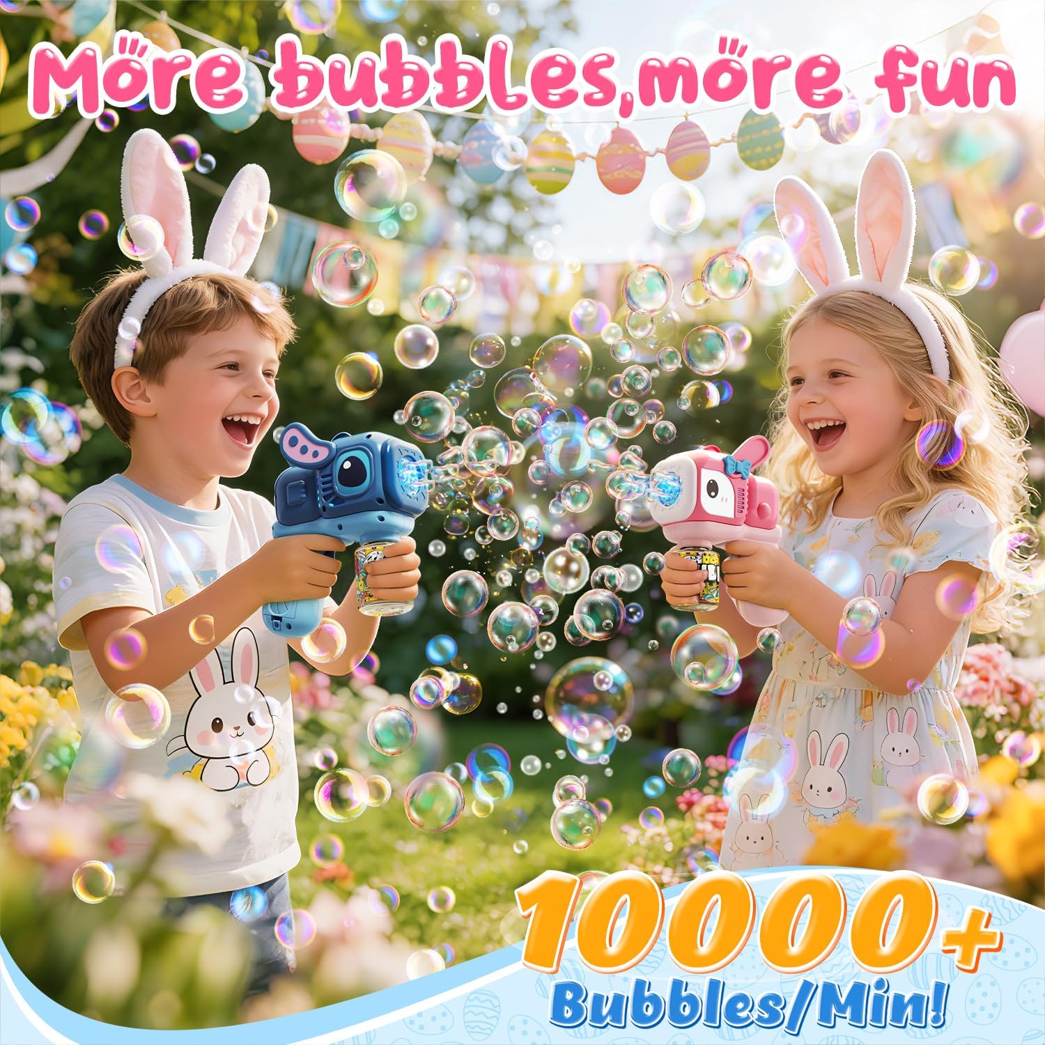 2 Pack Bunny Bubble Machine Gun for Toddlers,Fast Bubble Blast 10,000+ BPM, Leak-Proof Bubble Blower with LED Lights, Outdoor Spring Easter Toy Gift for Boys Girls Ages 3-6