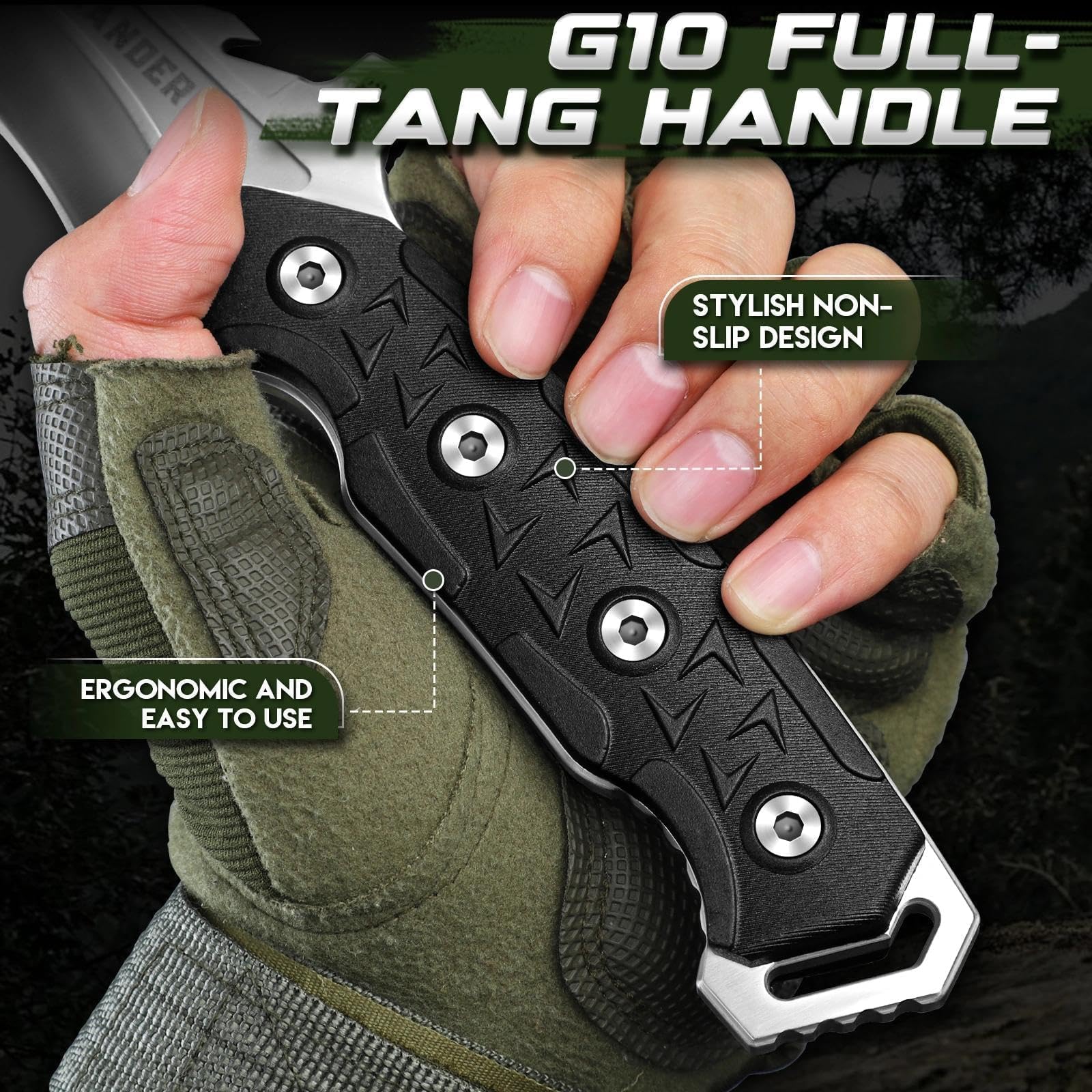 Freelander Outdoor Coltello da Sopravvivenza, Coltello da Lama Fissa in Acciaio D2, Coltelli da Campeggio Bushcraft con Manico G10, Argento