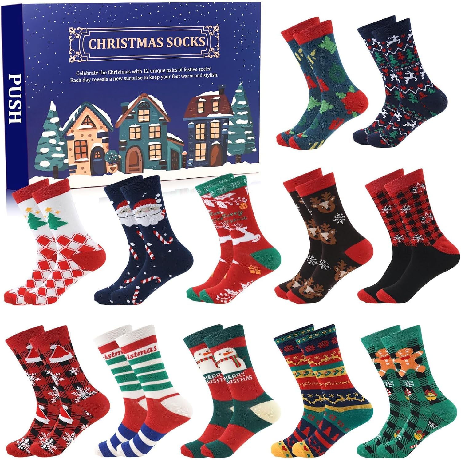 ANOTION 12 Days of Christmas Socks Advent Calendar for Men – Advent Calendar 2025 Festive Holiday Countdown with 12 Pairs of Fun and Colorful Christmas-Themed Socks White Elephant Gift for Men