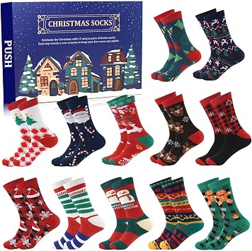 ANOTION 12 Days of Christmas Socks Advent Calendar for Men Advent Calendar 2025 Festive Holiday Countdown with 12 Pairs of Fun and Colorful Christmas-Themed Socks White Elephant Gift for Men