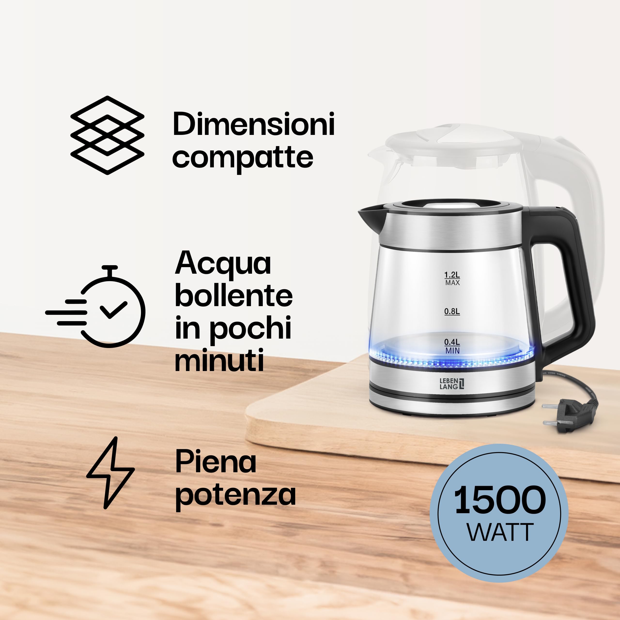 LEBENLANG Bollitore in vetro compatto – 1,2 litri con illuminazione LED I Design in acciaio inox bollitore senza BPA 1 L / 1,2 L I Piccolo bollitore da viaggio per campeggio Bollitore in vetro