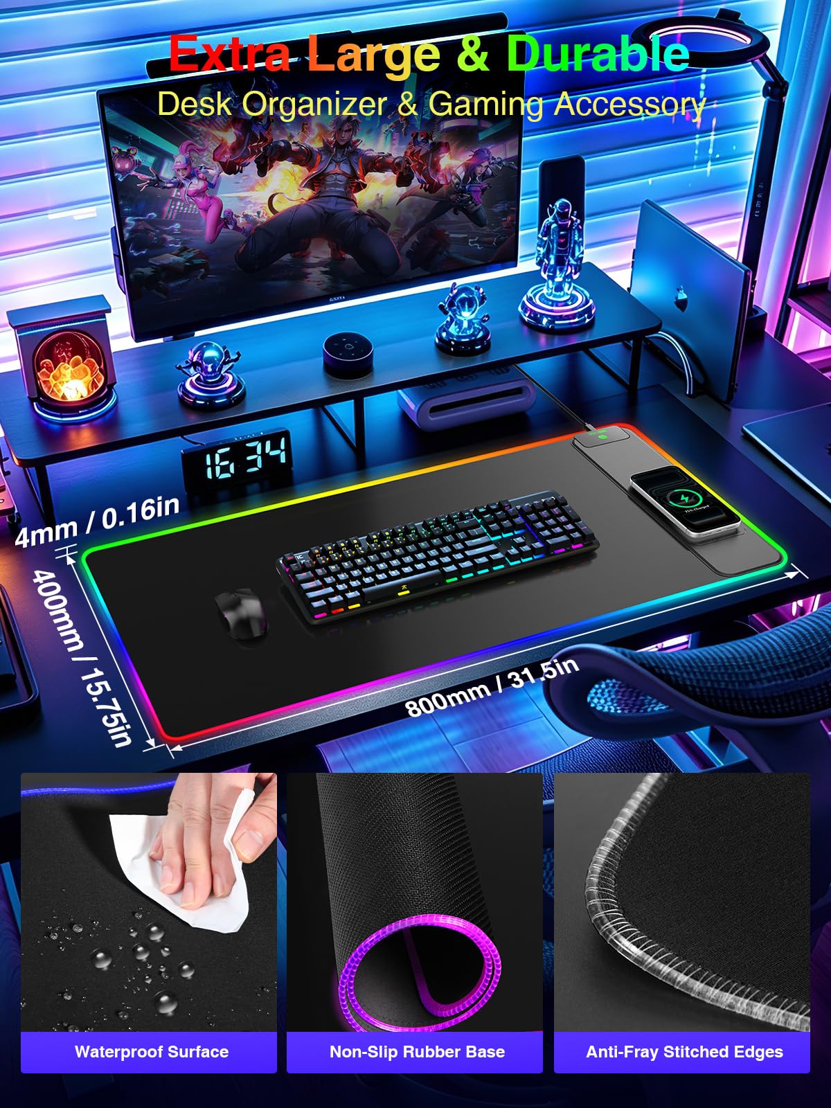 Tappetino per mouse da gioco RGB 2 in 1 con ricarica wireless per telefono, 80 x 40 cm, 24 effetti di luce, base antiscivolo, superficie ultra liscia impermeabile, nessun adattatore