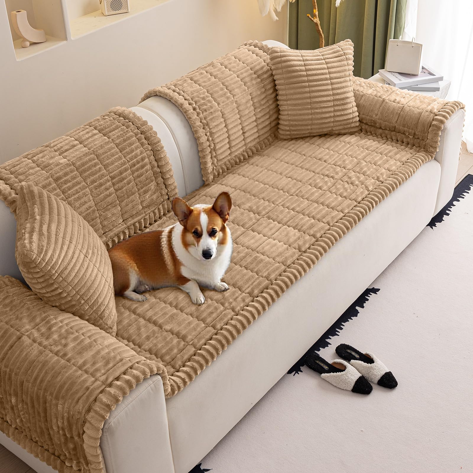 VFGFDJNDFX slumber paws sofa covers, Corduroy Sofa Cover 1 2 3 4 Seater, Non-Slip Plush Sectional Sofa Slipcovers, Pet Proof Furniture Protector (Whisper Coffee,60 * 60cm)