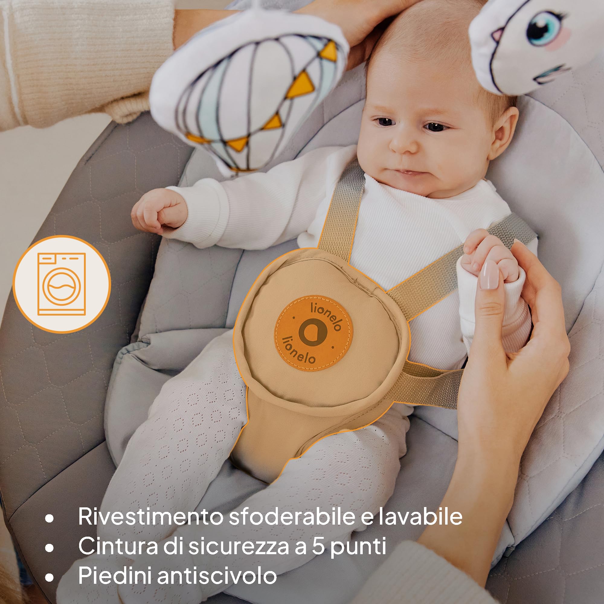 Lionelo Sdraietta Elettrica e Culla lettino BELLA SET 2in1 per Neonati, Girevole 360°, 6 Movimenti di Dondolio, 12 Melodie, Telecomando, Cinture di Sicurezza, Materasso in Schiuma T2, fino a 9kg