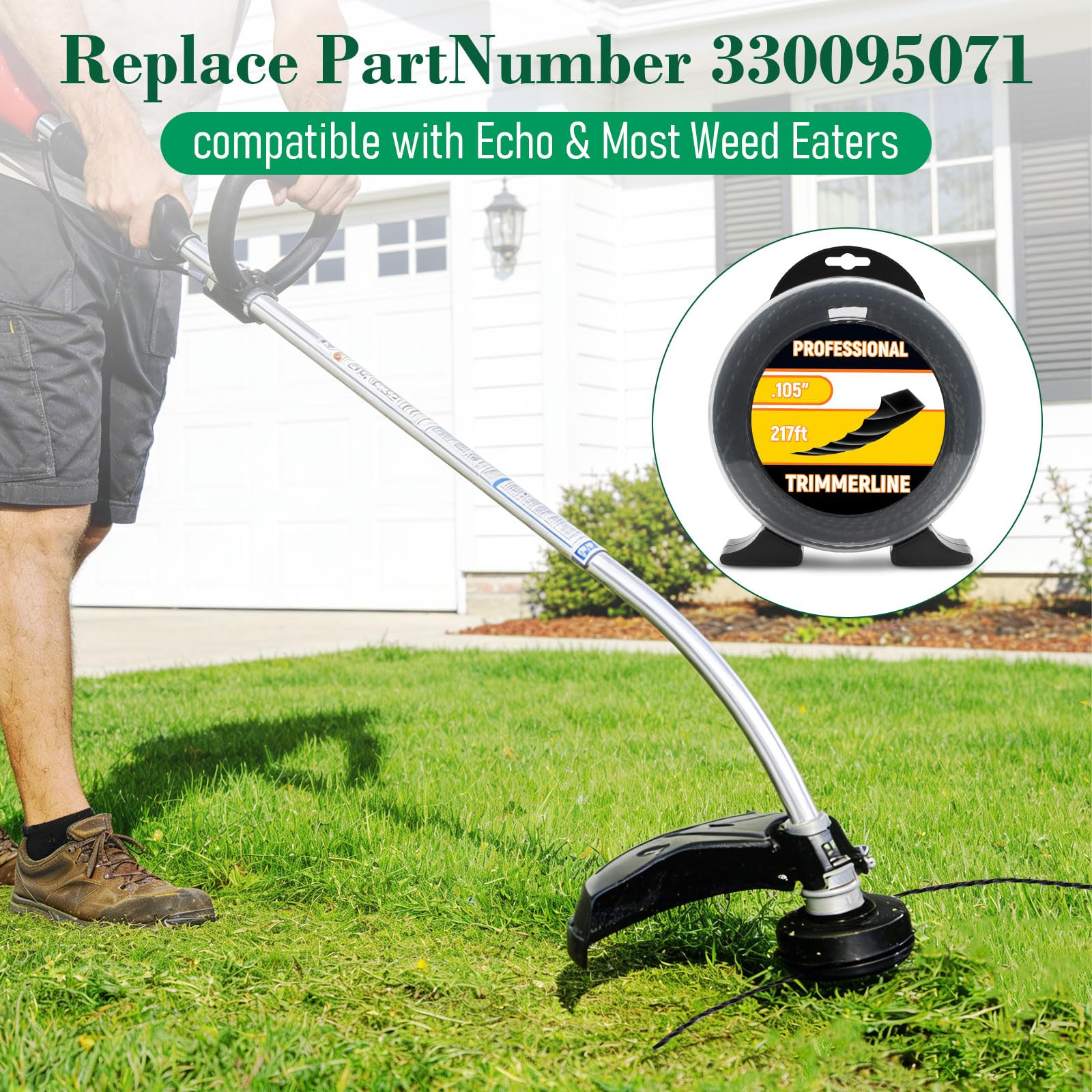 330105071 Fil de débroussailleuse diamant noir 0,105" (66,1 m) compatible avec Echo, Stihl, Husqvarna, DeWalt, Ryobi, Troy Bilt Weed Eaters