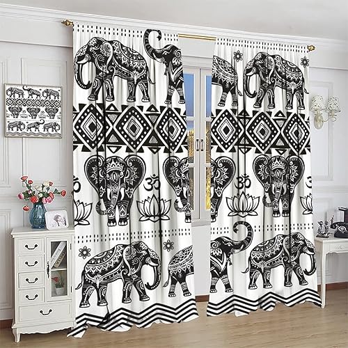 Miniatura 4 de Cortinas opacas de elefante, estilo étnico indio, bohemio, flores de loto de elefante blanco y negro, divertidas cortinas con patrón de animales