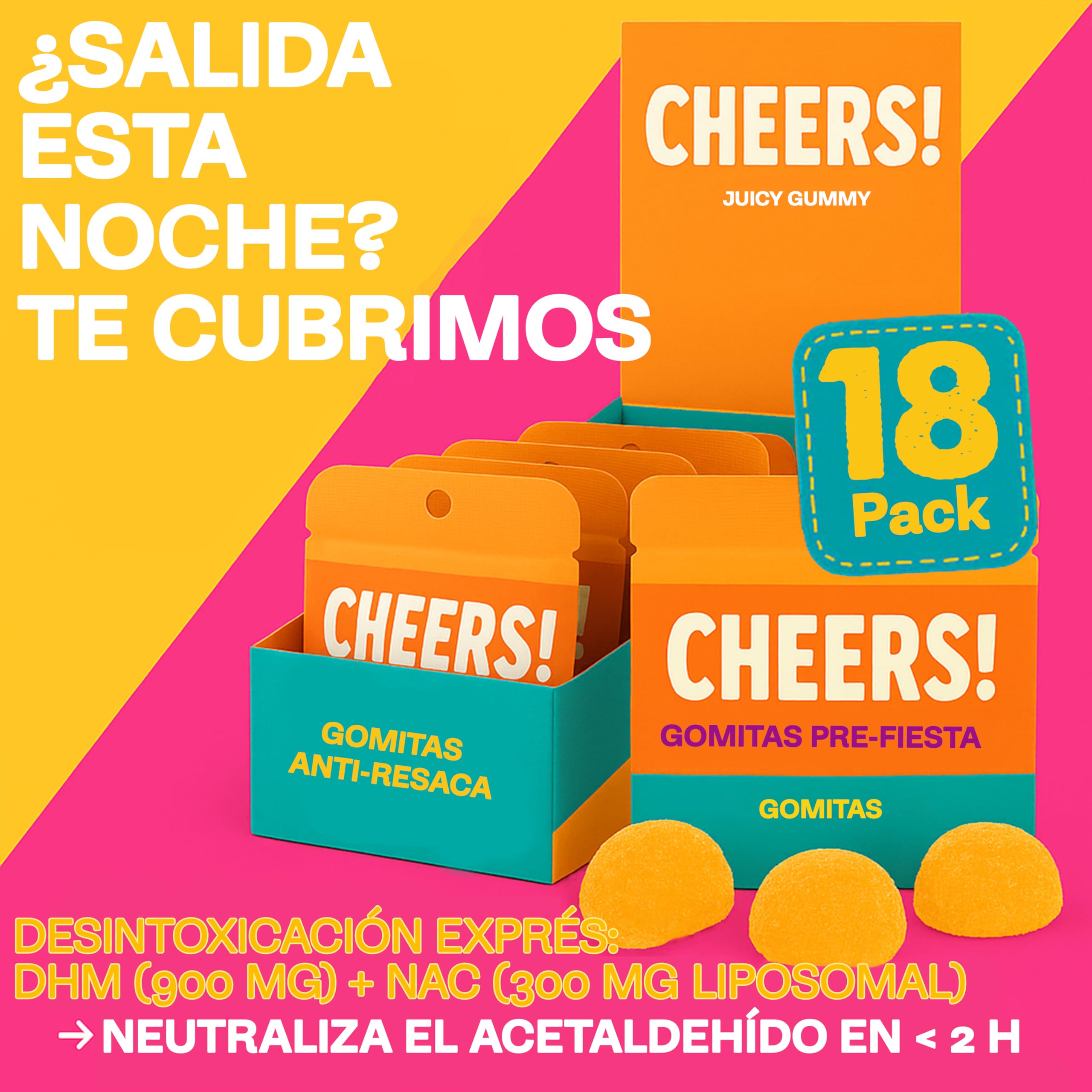Cheers! Pre-Game – Gominolas Post-Celebración – DHM 910mg & Vitamina C – Soporte Hígado & Antioxidante – Blue Ginger 120mg & Cúrcuma + Complejo B Zinc – 18 Packs Individuales