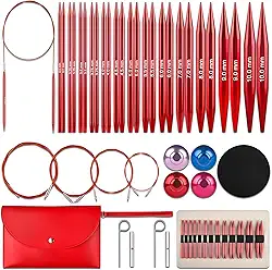 Conjunto de 13 pares de agulhas de tricô circulares intercambiáveis, 3,0 mm - 10,0 mm, alumínio leve, durável, perfeito para projetos de tricô, iniciantes e profissionais (vermelho)