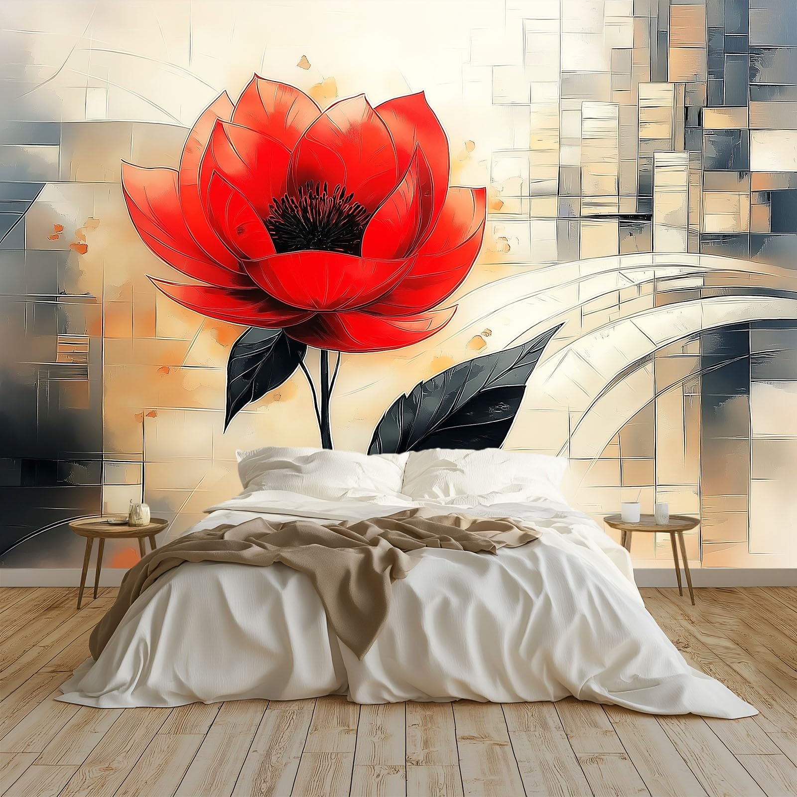 Papier peint fleur rouge abstraite pour réveiller un mur blanc et illuminer le salon