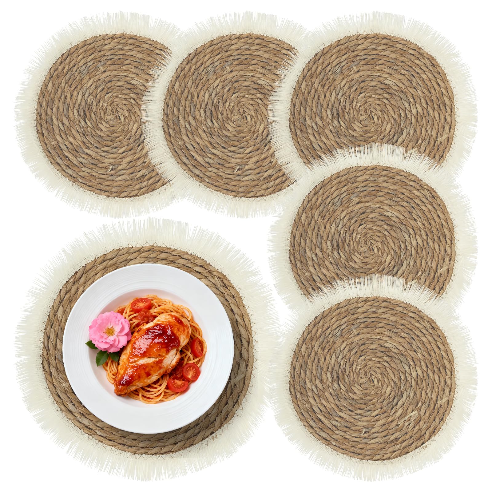 Set Tavoli Rotondi 6 Pezzi, Copripiatto Intrecciato con Design a Frange, Resistente al Calore per Decorazione Boho di Tavolo Cucina, Lavabile, Antiscivolo, Beige