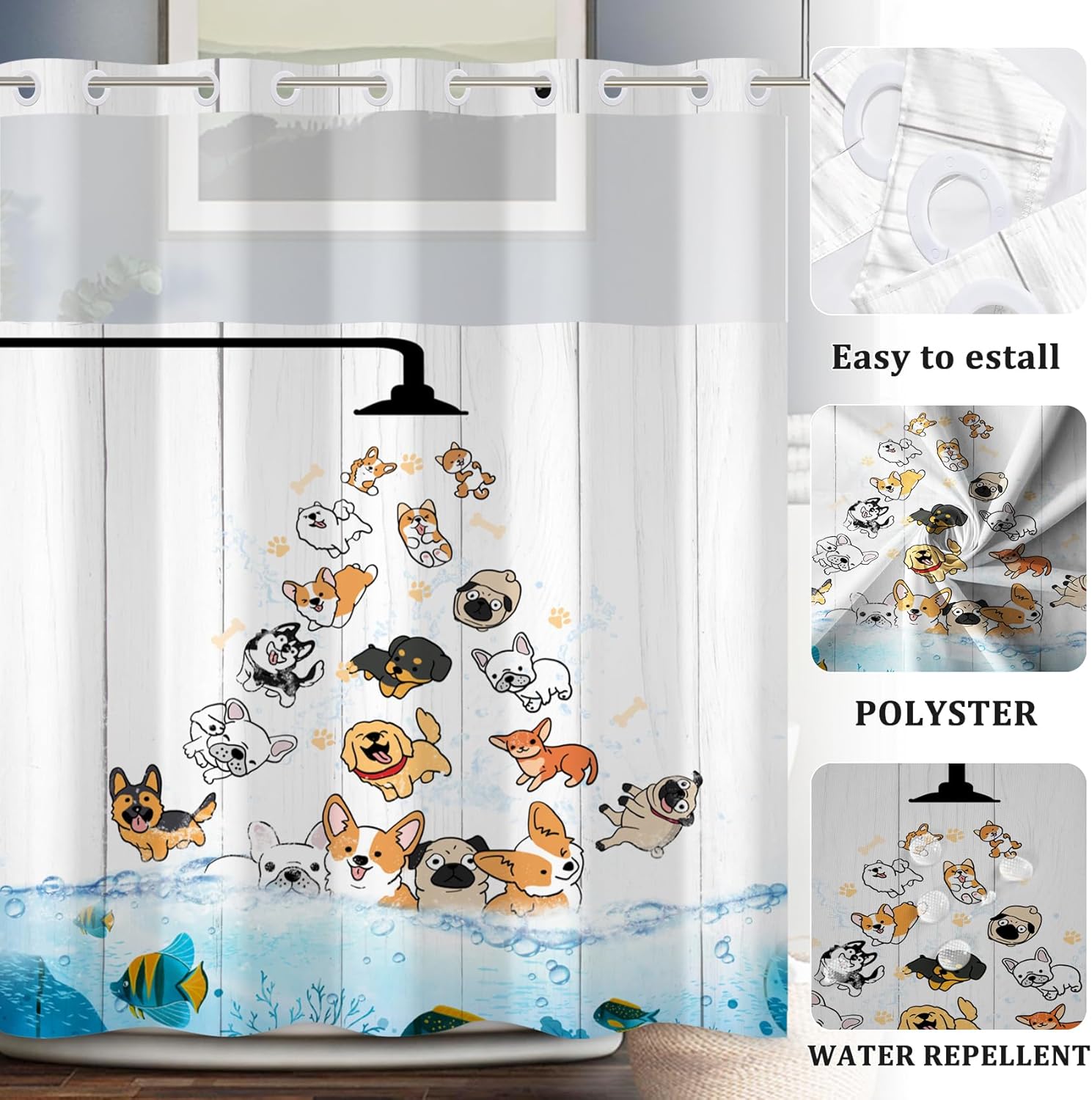 Baocicco No Hook Raining Dogs Shower Curtain with Snap in Liner Cute Cartoon Animal Playing Water Double Layer Bathtubs Hotel Curtain Set for Kids See Through Shower Curtain with Window 71x74 Inch