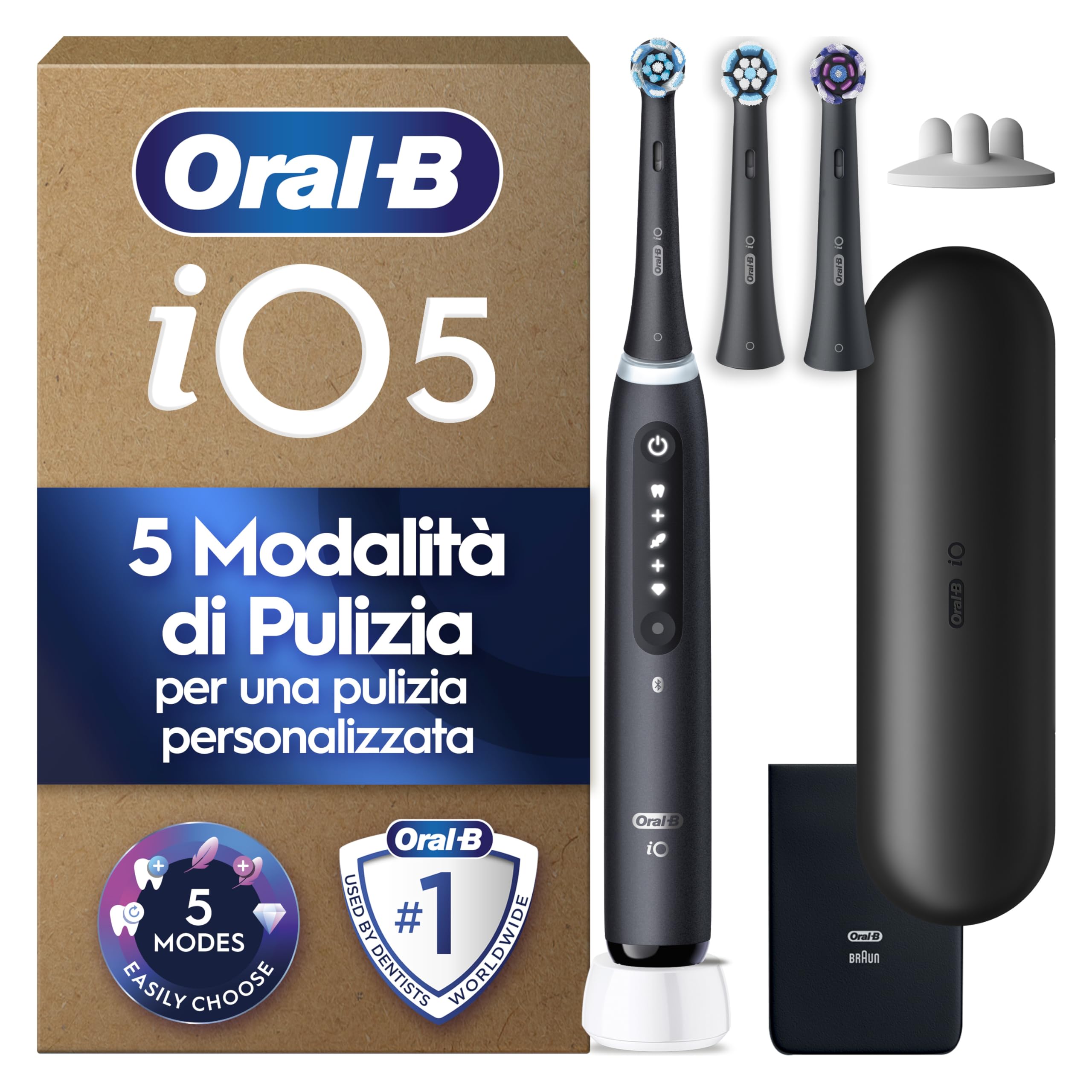 Oral-B iO 5 Spazzolino Elettrico, con 3 Testina di Ricambio, Custodia, Nero - 3 Testine di Ricambio per Spazzolino Elettrico, Ricaricabile, Custodia da Viaggio, Sensore di Pressione, Pulizia Denti