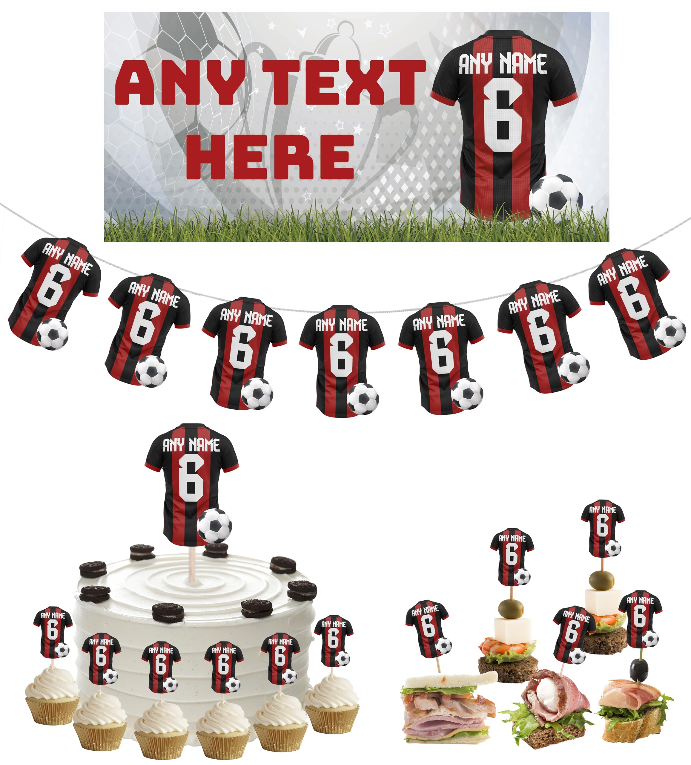 Personalised Football Party Decorations Pack with Banners, Bunting, Food Picks (RED/BLACK STRIPED SHIRT)
