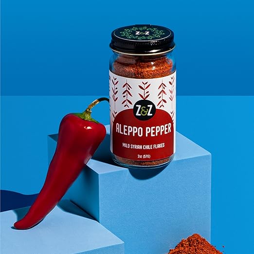 Aleppo Pepper by Z&Z | Mildly Spicy Aleppo Pepper Flakes (Pul Biber Turkish Spice) | Aleppo Pepper Spice for Lemon Butter Shrimp, Shakshuka, & Yogurt-Marinated Chicken | Syrian Aleppo Pepper, 2 Oz