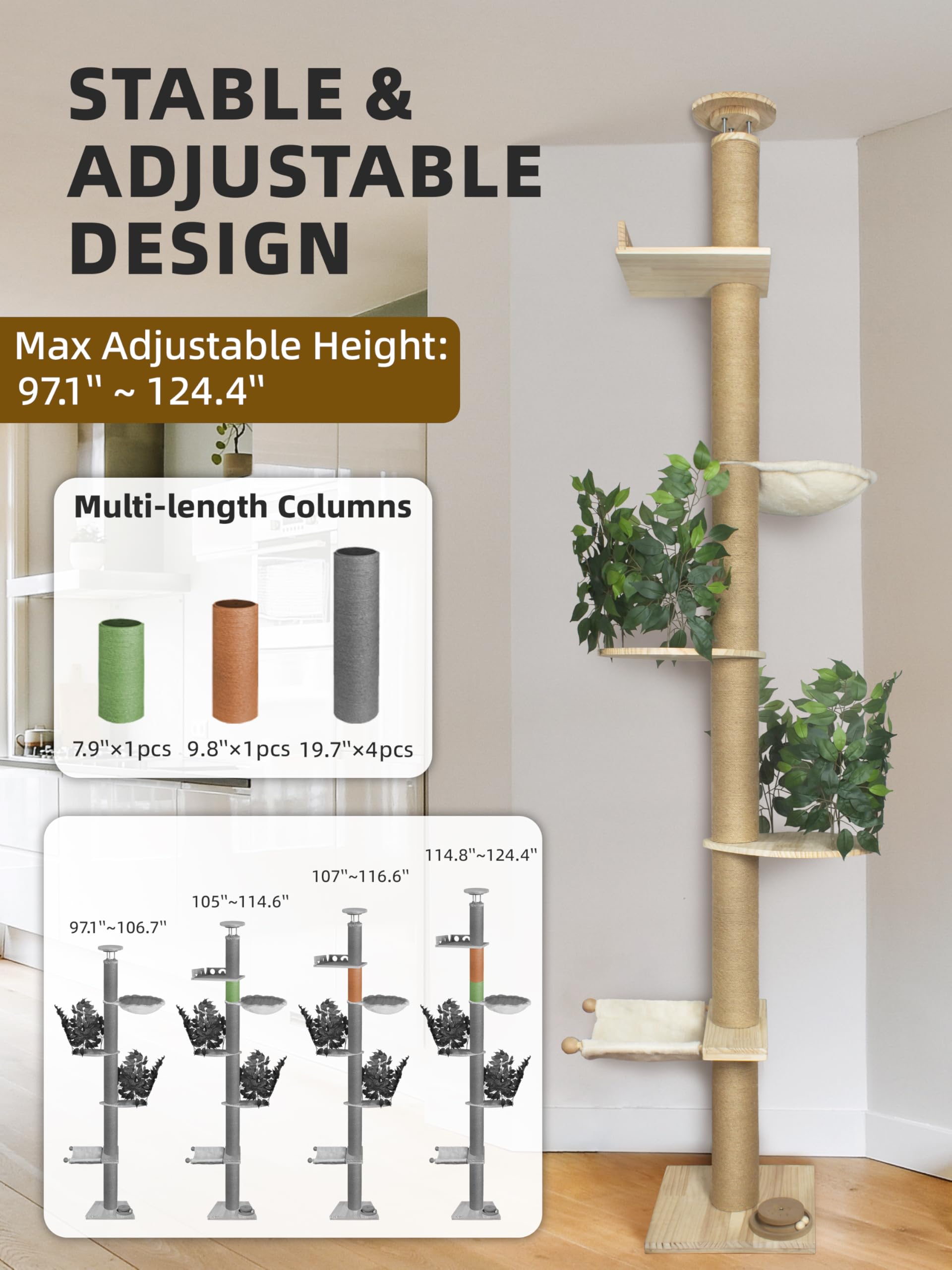 Cat Tree Floor to Ceiling Cat Tower Ajustable Height 97.1-124.4 Inches Tall and 4.5 Inches Thickened Post Large Cat Tree Tower for Indoor Cats Modern