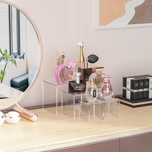 Miniatura 4 de Juego de 3 elevadores cuadrados de acrílico para mesa de postres, estante de exhibición de acrílico transparente para Funko Pop, cupcakes, juguetes,