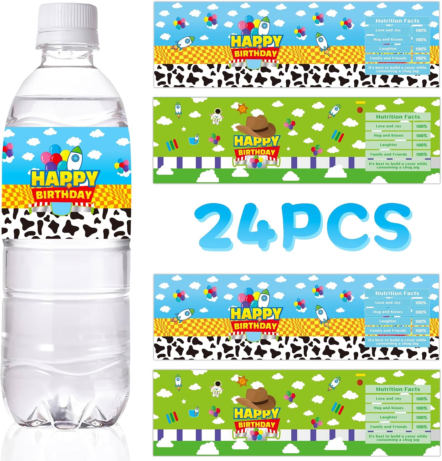 24 Pcs Cartoon Story Water Bottle Labels Blue Sky White Cloud Cow Pattern Stickers for Catoon Story Themed Birthday Party Supplies