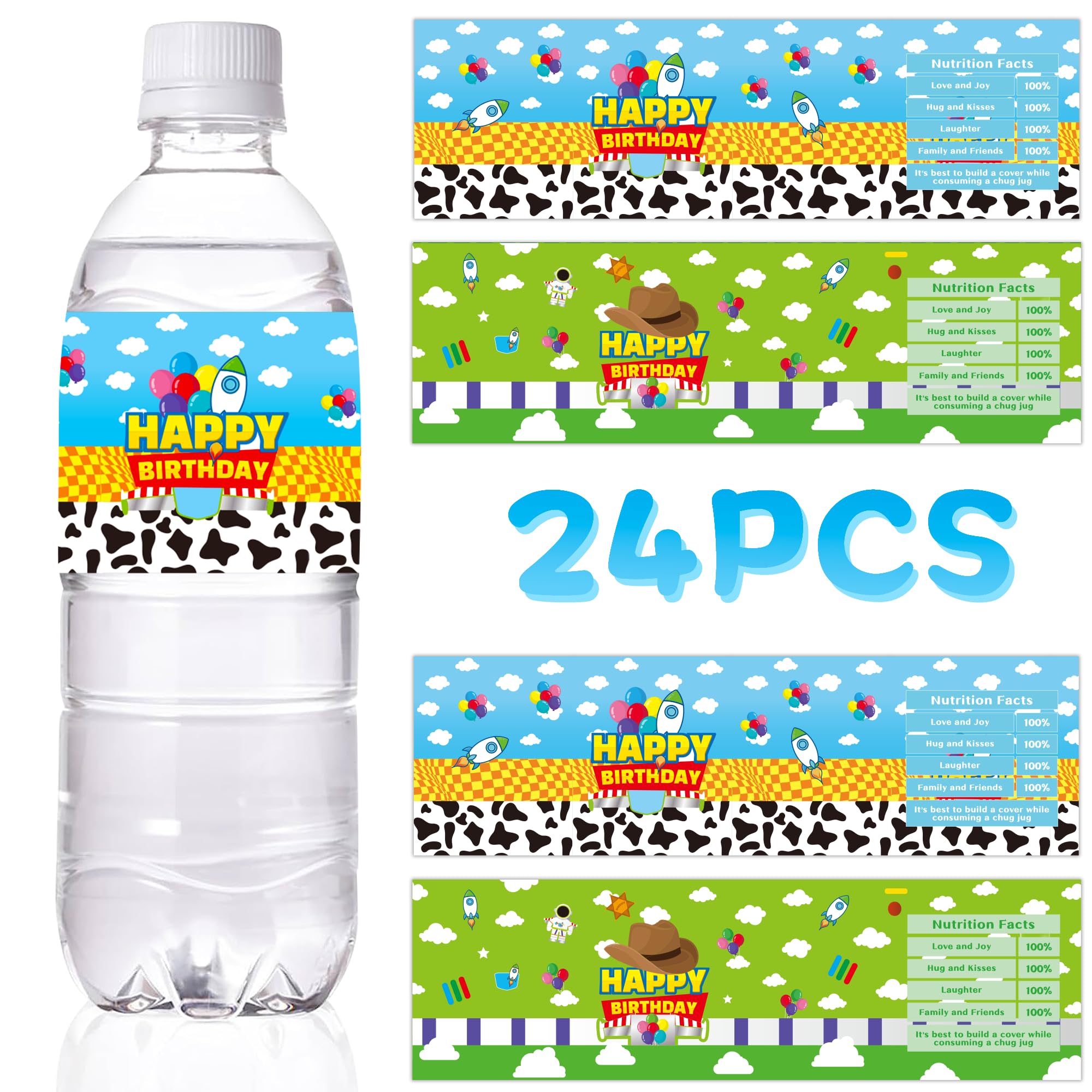 24 Pcs Cartoon Story Water Bottle Labels Toy Inspired Party Birthday Decorations for Toy Themed Birthday Party Supplies